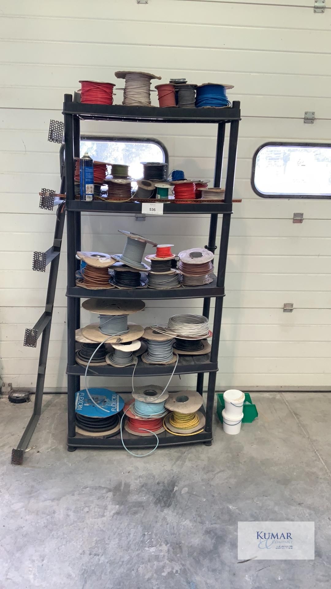 5 Tier Storage Rack with Various Reels of Wire - Please Note This Lot is Located in Huthwaite and