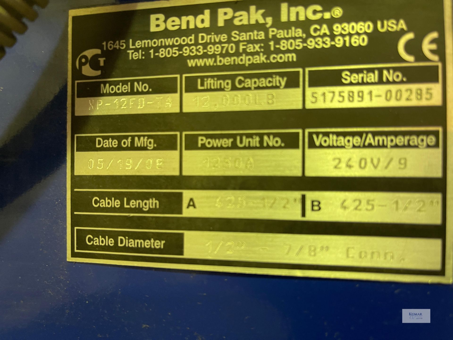 BendPak XP-12FD-TA Two Post Vehicle Lift, Capacity 12,000 Lb (4,000Kg), Serial No. 5175891-00285 ( - Image 3 of 4