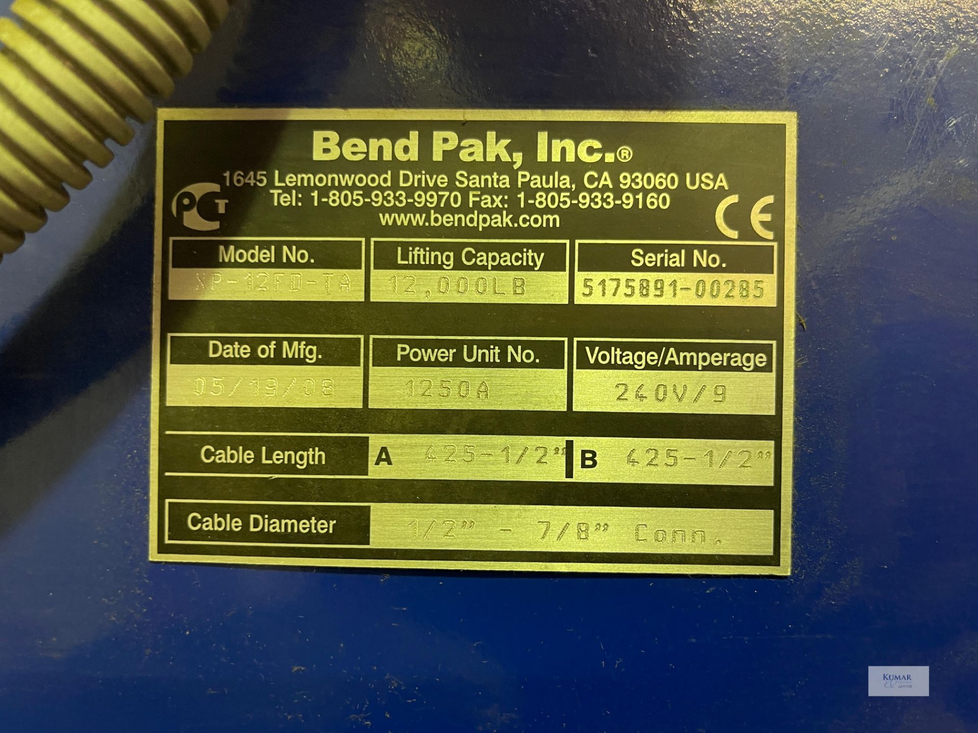 BendPak XP-12FD-TA Two Post Vehicle Lift, Capacity 12,000 Lb (4,000Kg), Serial No. 5175891-00285 ( - Image 4 of 4