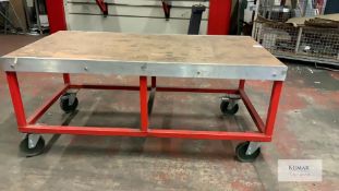 Fabricated mild Steel Sheet Trolley on Wheels with Wooden Top Size 3m x 1.m x .85m height