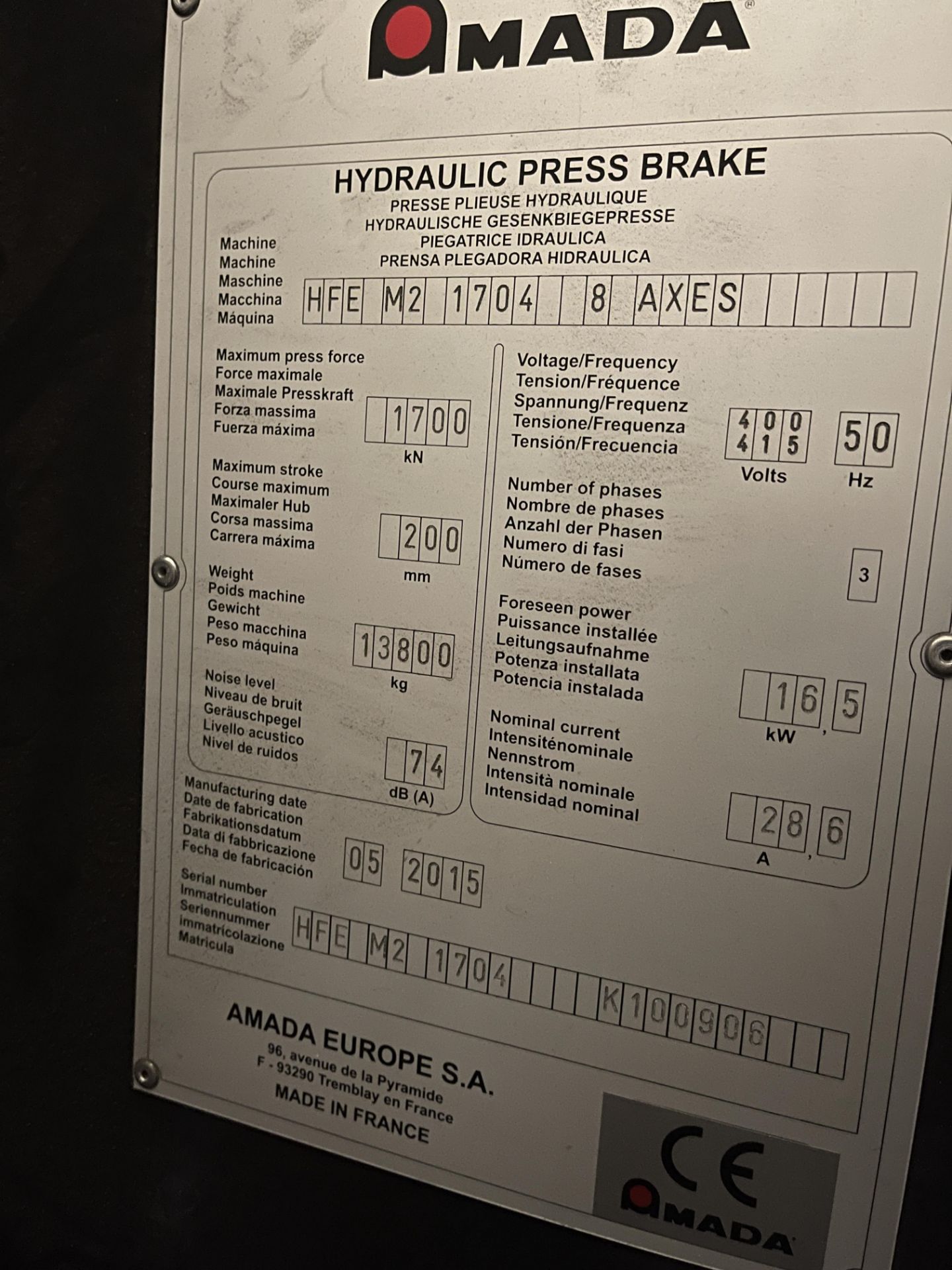 Amada HFE M2 1704 8 Axes Hydraulic Press Brake, Serial No. HFE M2 1704 K100906, (05/2015) - Image 8 of 32