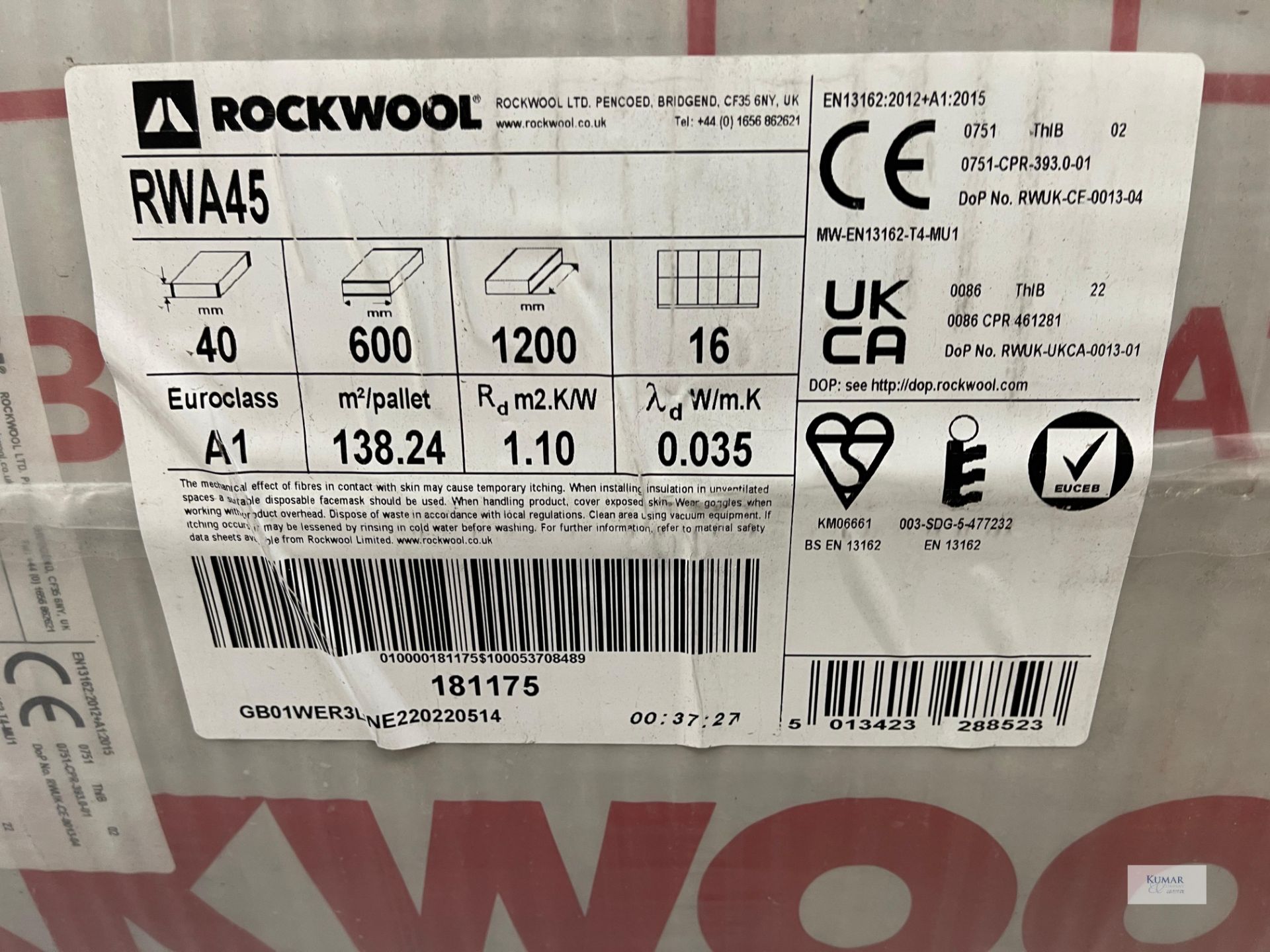 12: Packs RWA Rockwool A1 Non Combustible Insulation - 40mm Thick, 600mm wide x 1200mm Long Euroclas - Image 3 of 6
