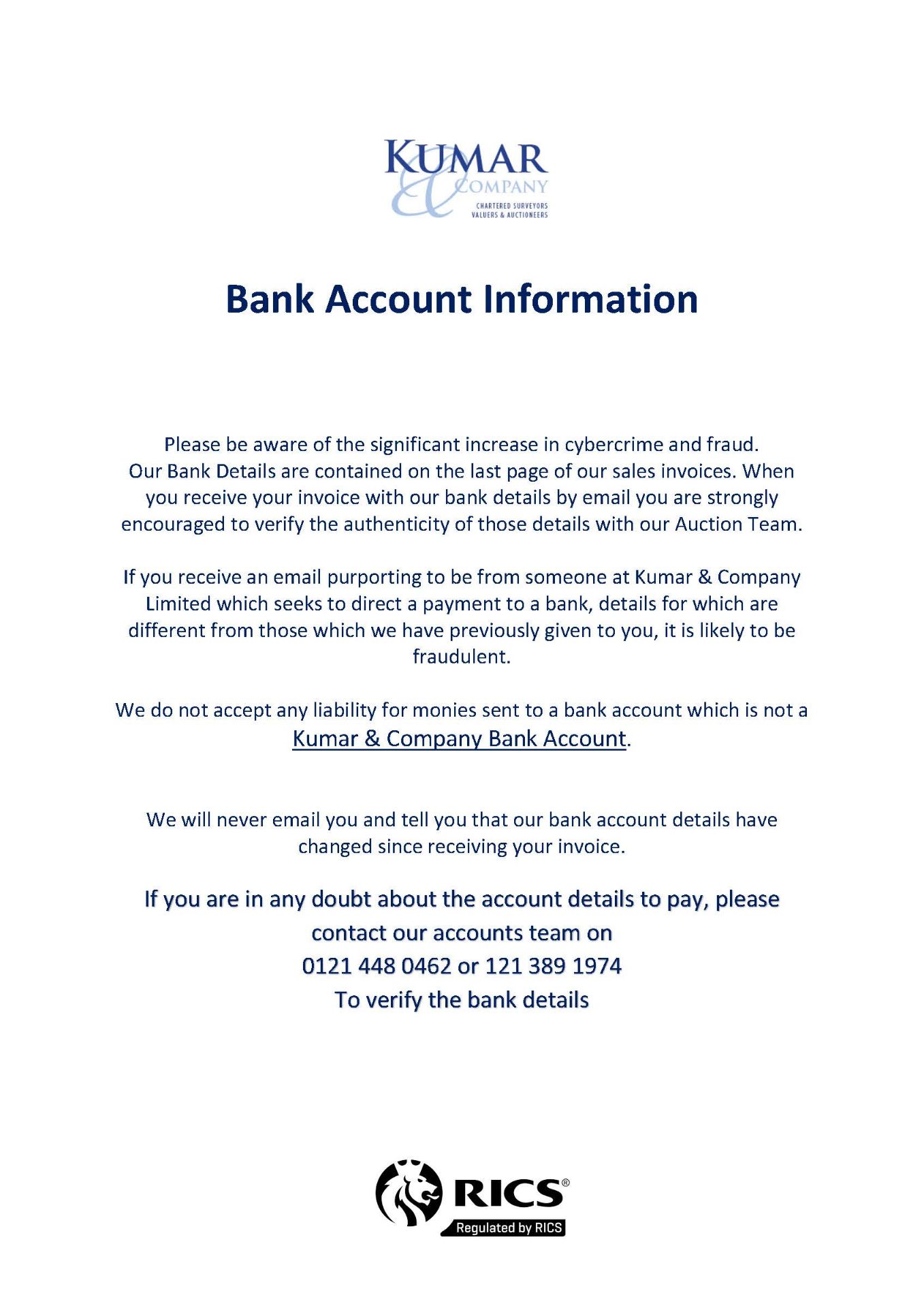 SPECIAL NOTICE - IMPORTANT INFORMATION - BANK DETAILS