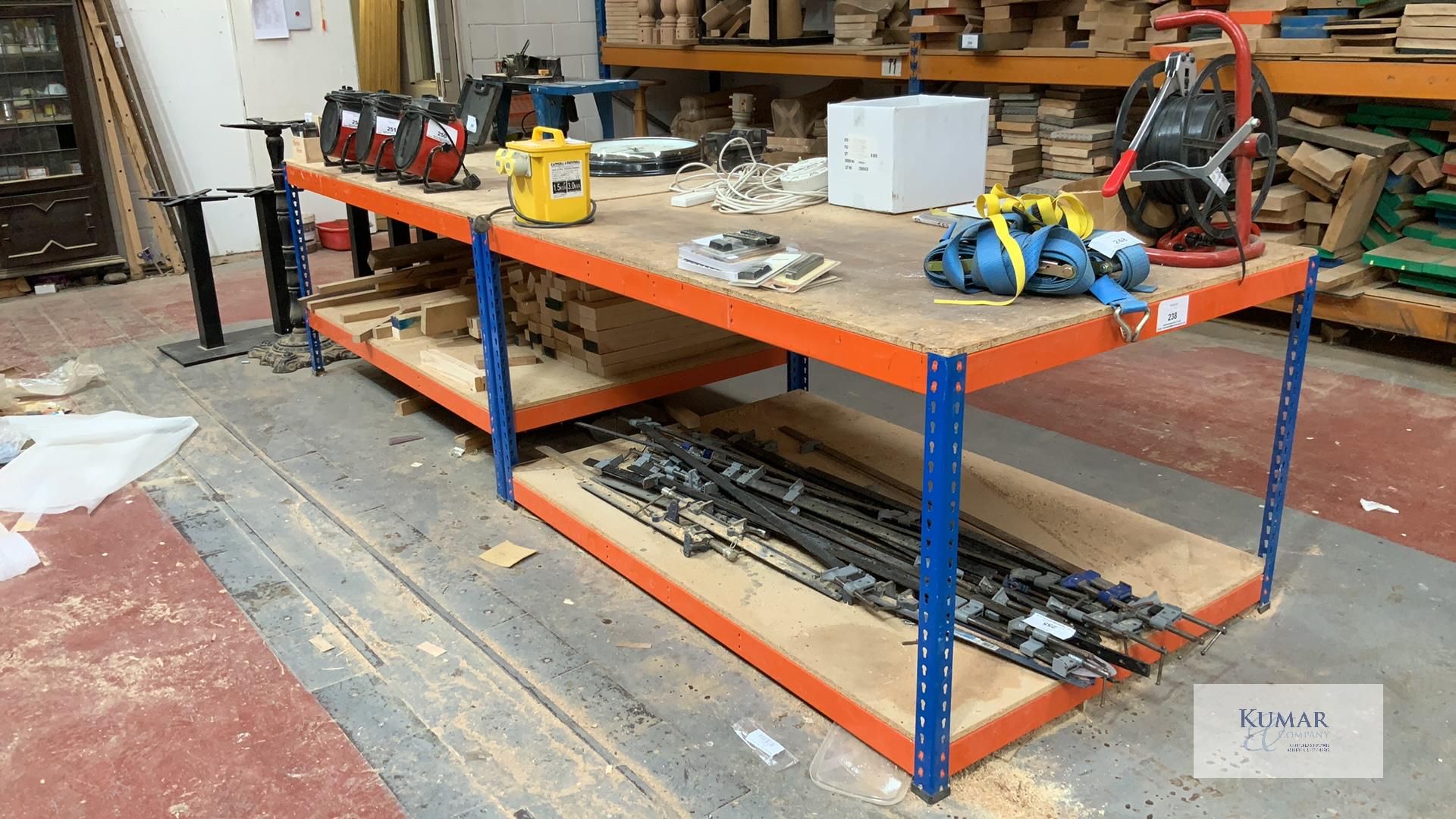 2: orange and blue work benches, 6 foot by 4 foot each CONTENTS NOT INCLUDED - Image 2 of 4