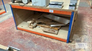 Blue and orange double work bench 6 foot by 8 foot to include contents on lower shelf only