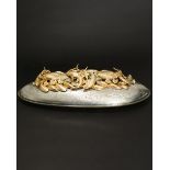 Franco Lapini, Large oval serving bowl with lid. Brass, silver-plated. Hand-hammered