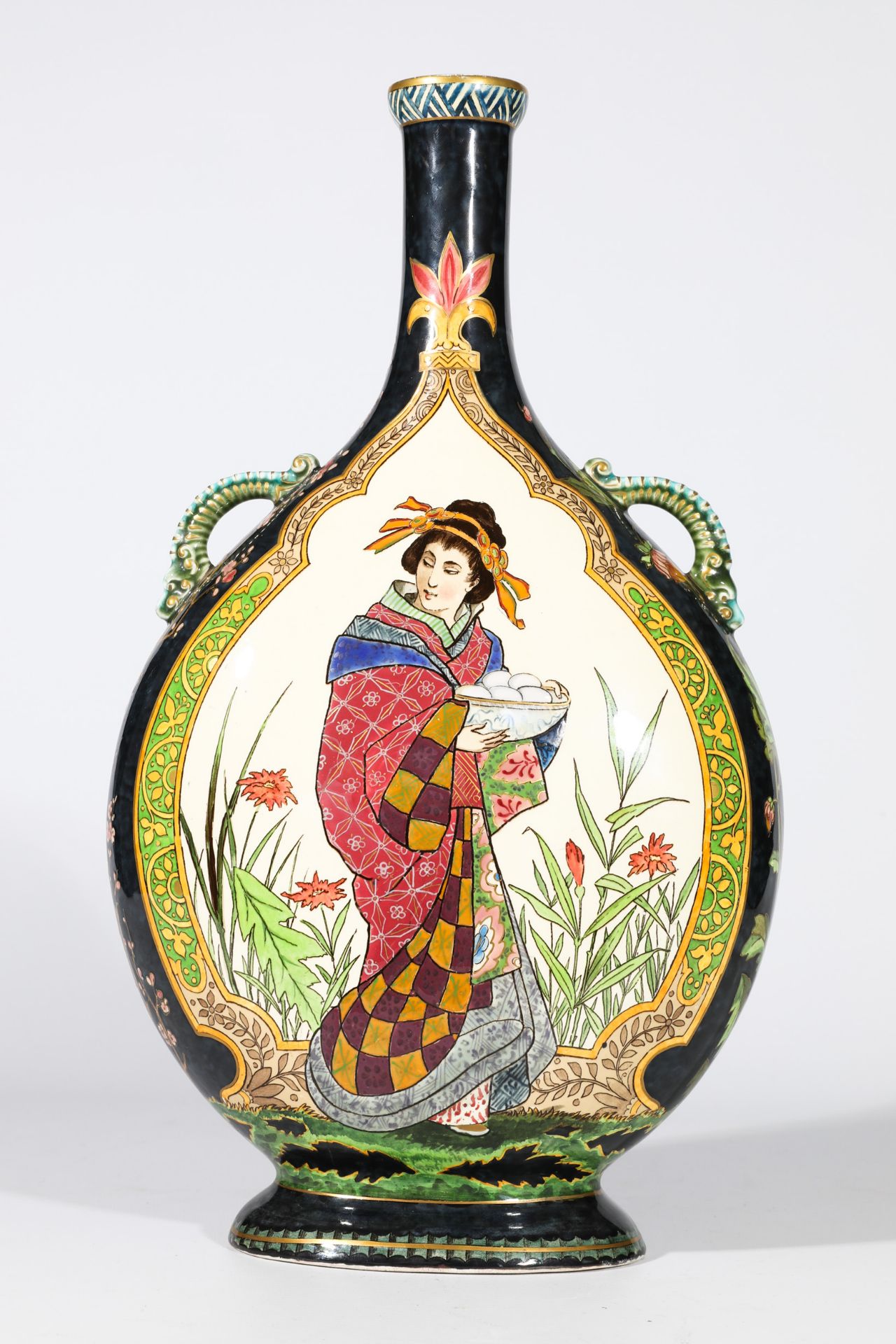 Large handled Vase with woman wearing Kimono and chicken - Bild 5 aus 7