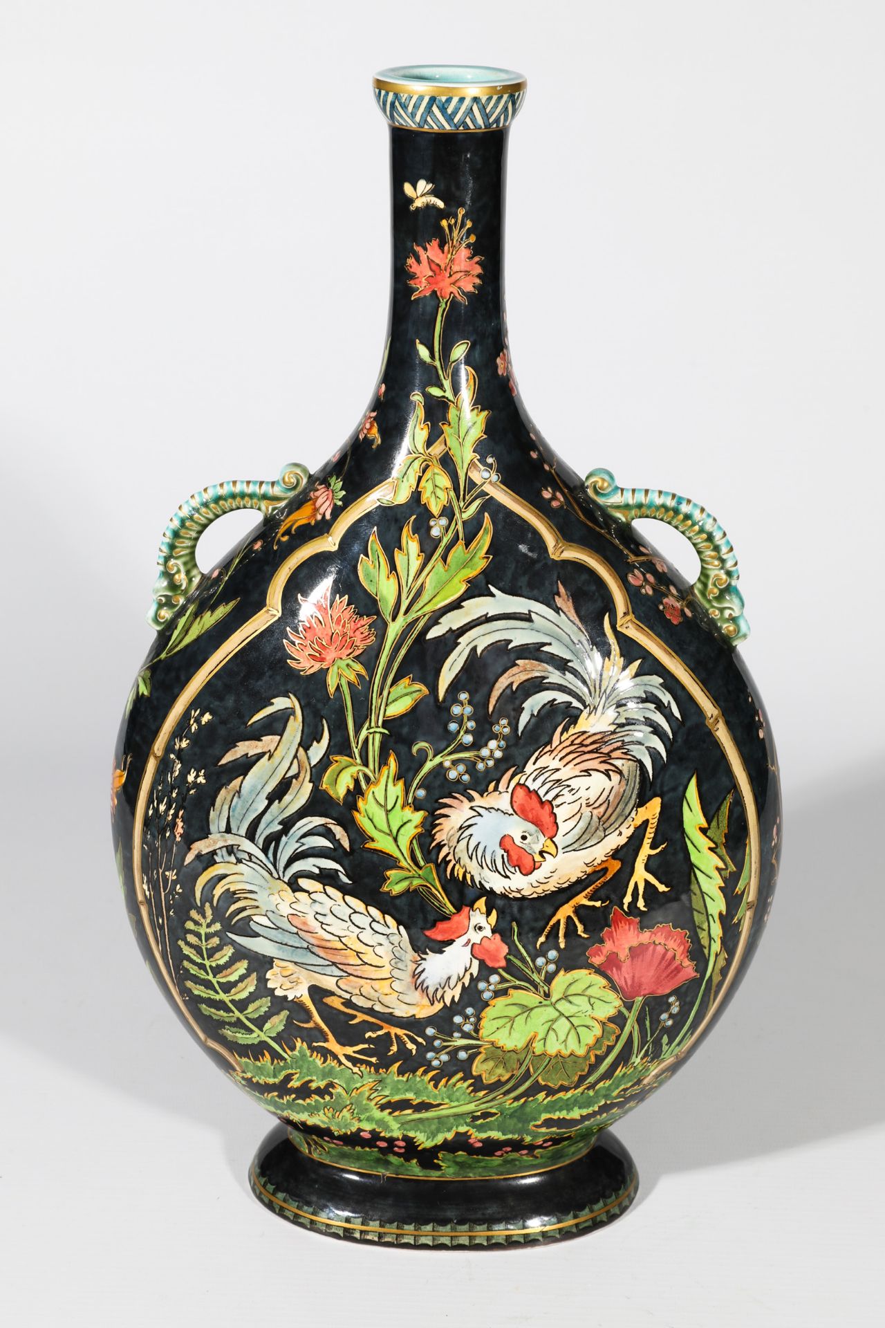 Large handled Vase with woman wearing Kimono and chicken