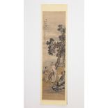 Chinese scroll painting with figures, pine tree and landscape
