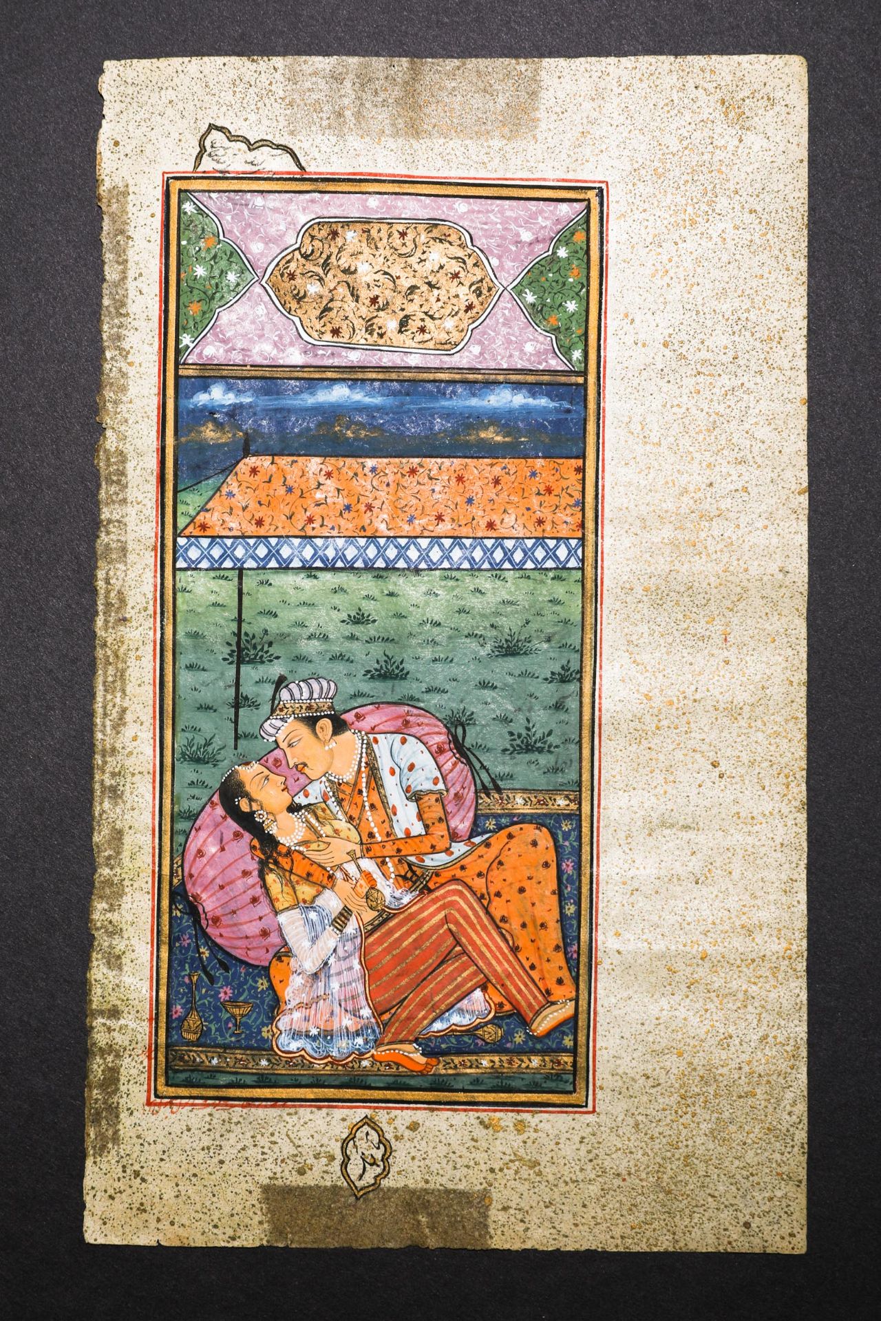 Indian miniature painting manuscript with couple on a terrasse