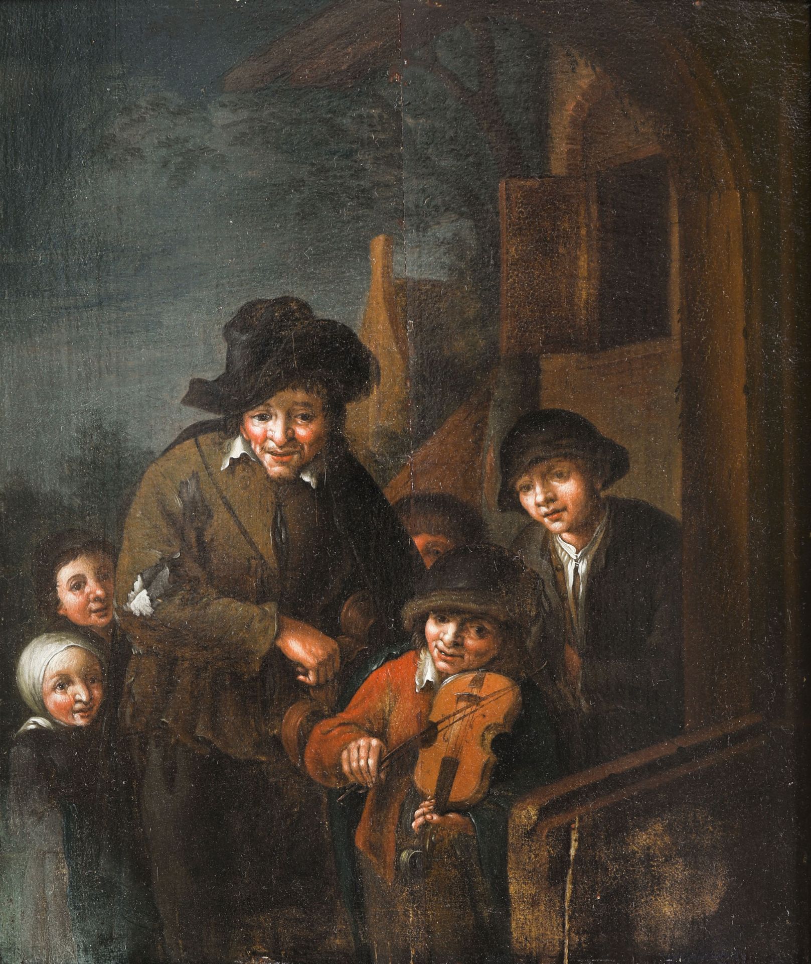 Cornelis Dusart, Genre Scene with hurdy gurdy player, violin player and children