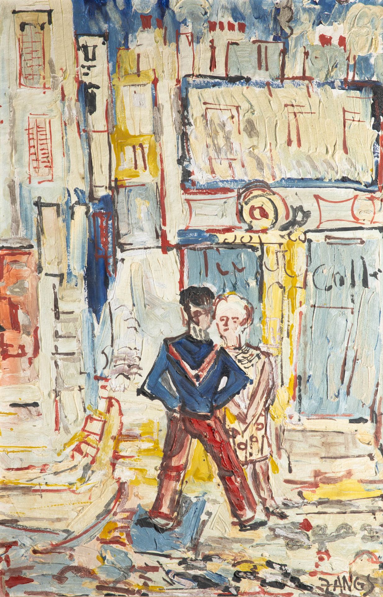 Herbert Zangs*, oil/mixed media on wood. City view with 2 people in front of a cafe, France