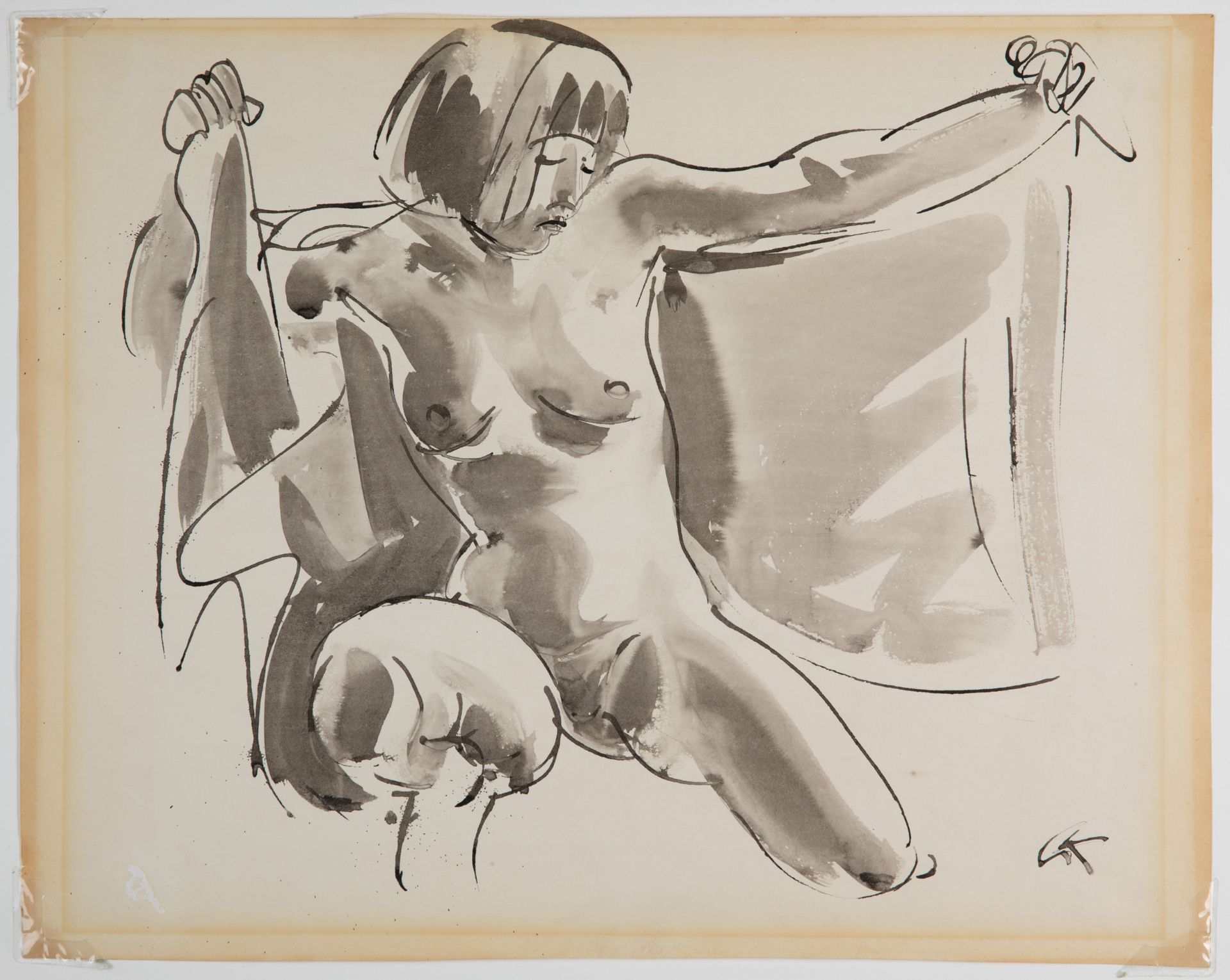 Georg Kolbe, Kneeling female nude, watercolor / ink