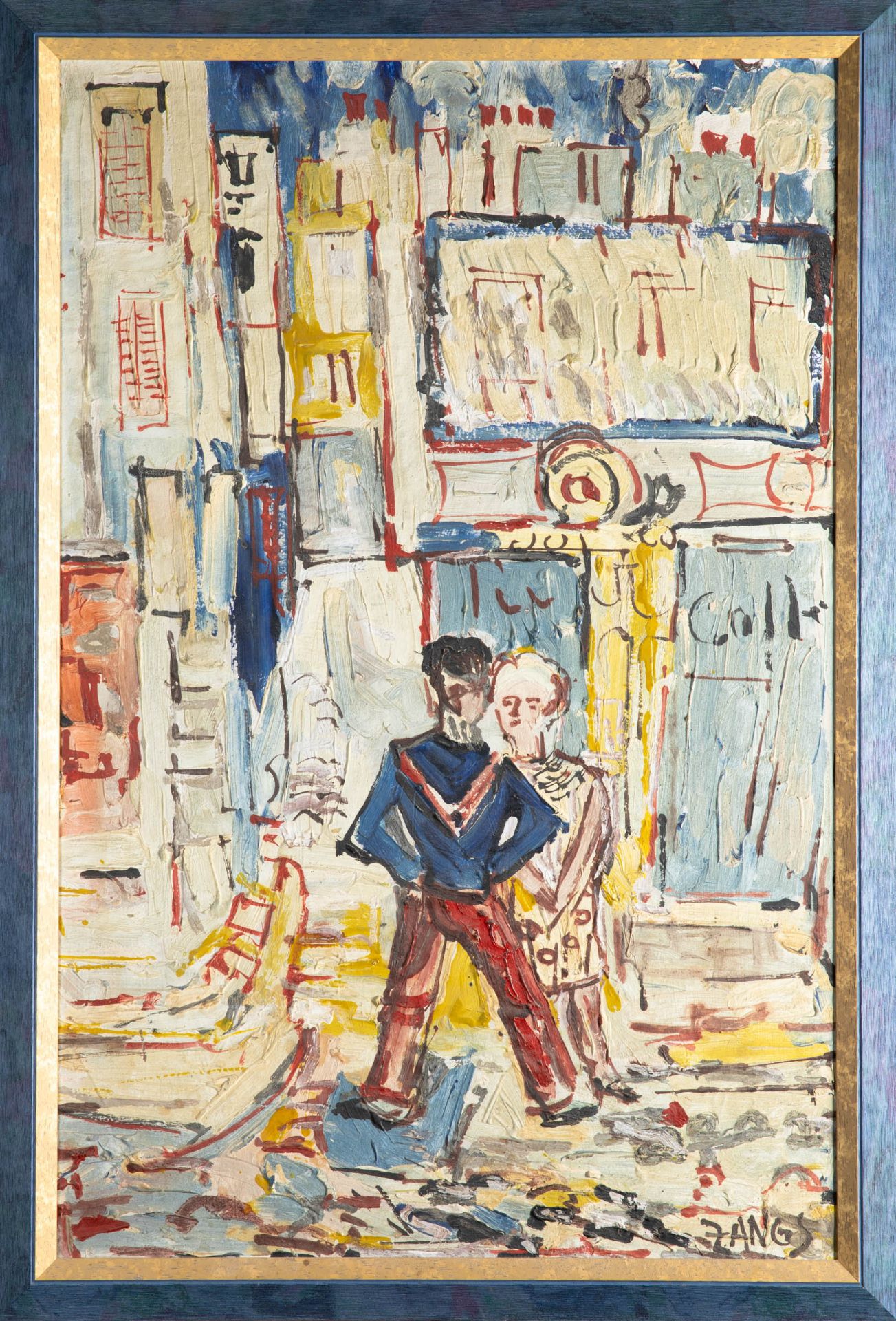 Herbert Zangs*, oil/mixed media on wood. City view with 2 people in front of a cafe, France - Image 2 of 3