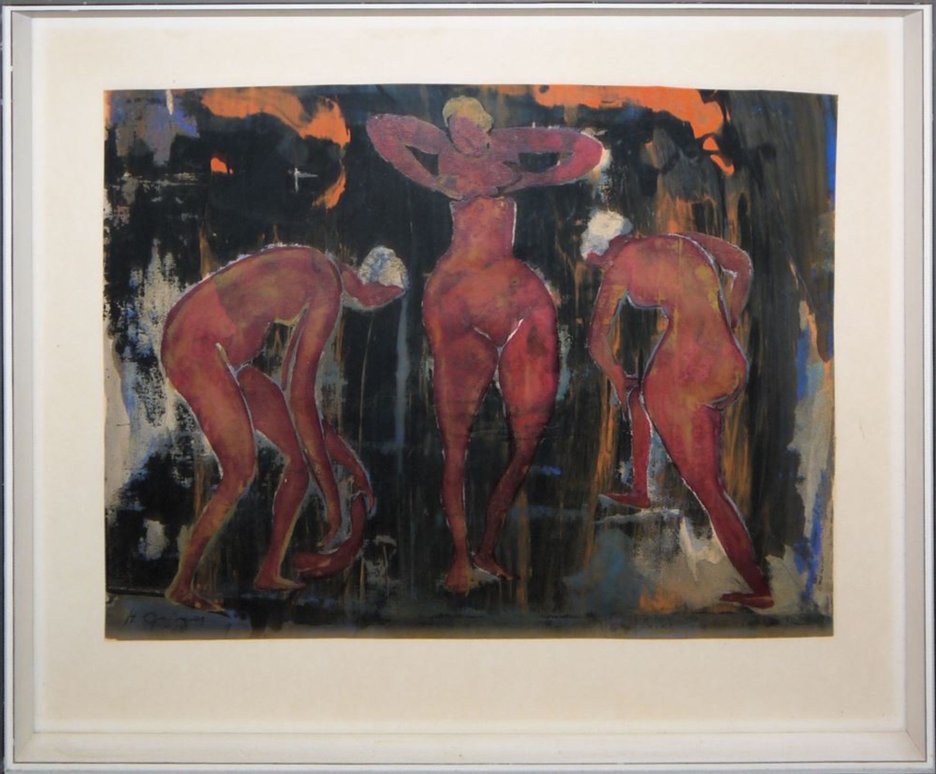 Hermann Geiger, 3 Frauen-Akte, Handsiebdruck, Unikat von 1963, gerahmt