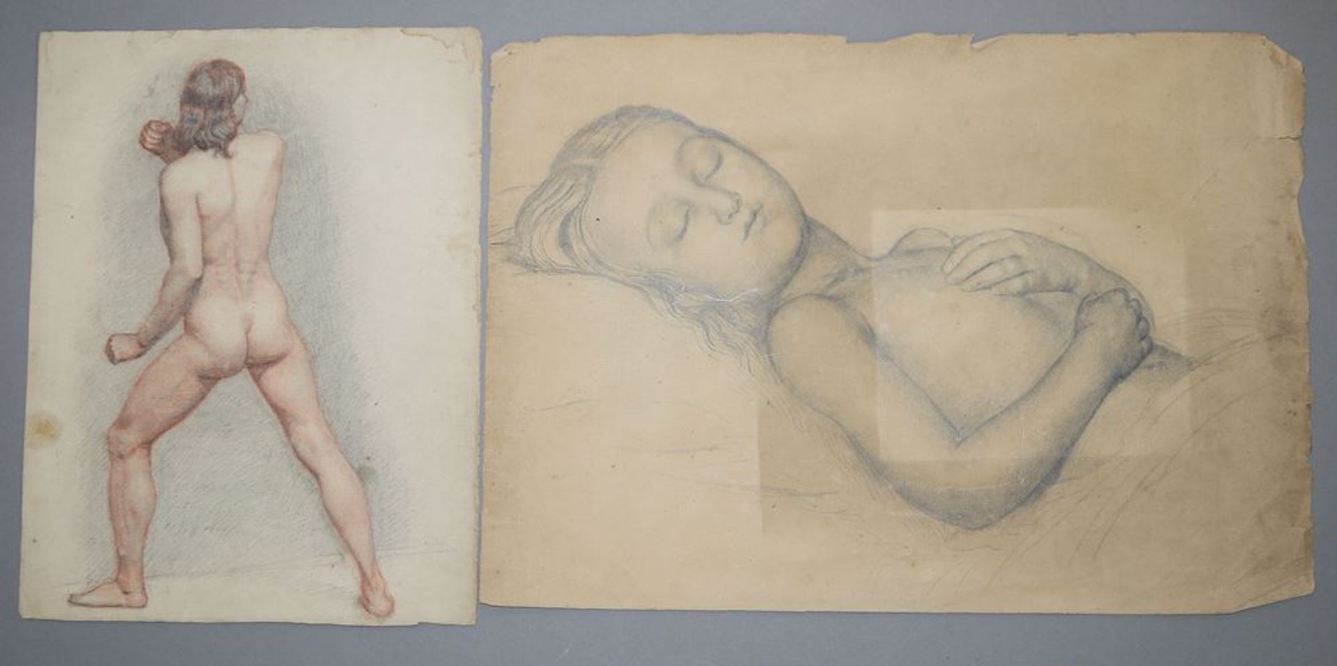 Meisterzeichner des 19. Jh., Männerakt und Schlafendes Mädchen, zwei Zeichnungen