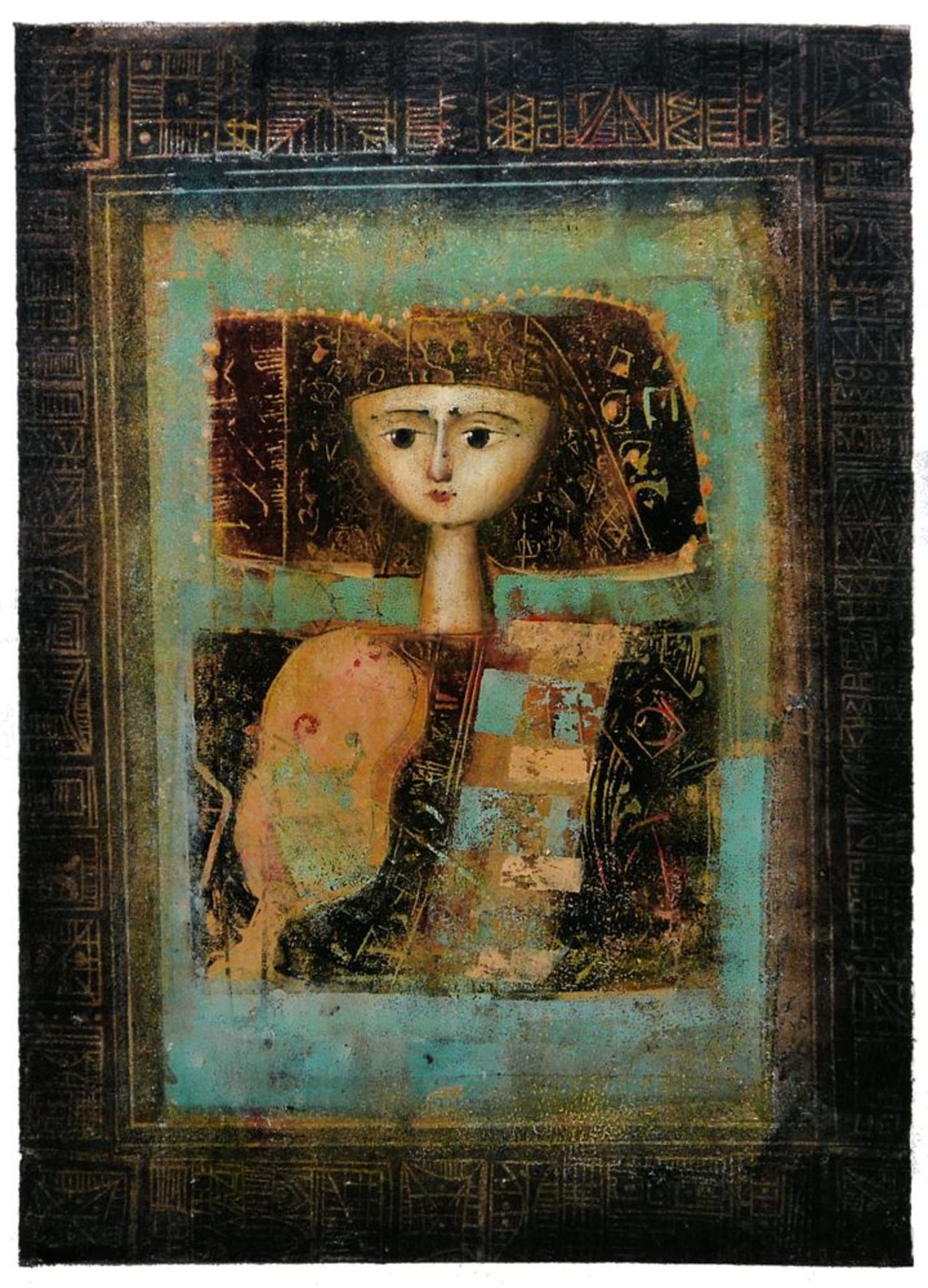 Mersad Berber, Bildnis einer jungen Frau mit Violine, Farbholzschnitt mit Goldfolie, Unikatcharakte