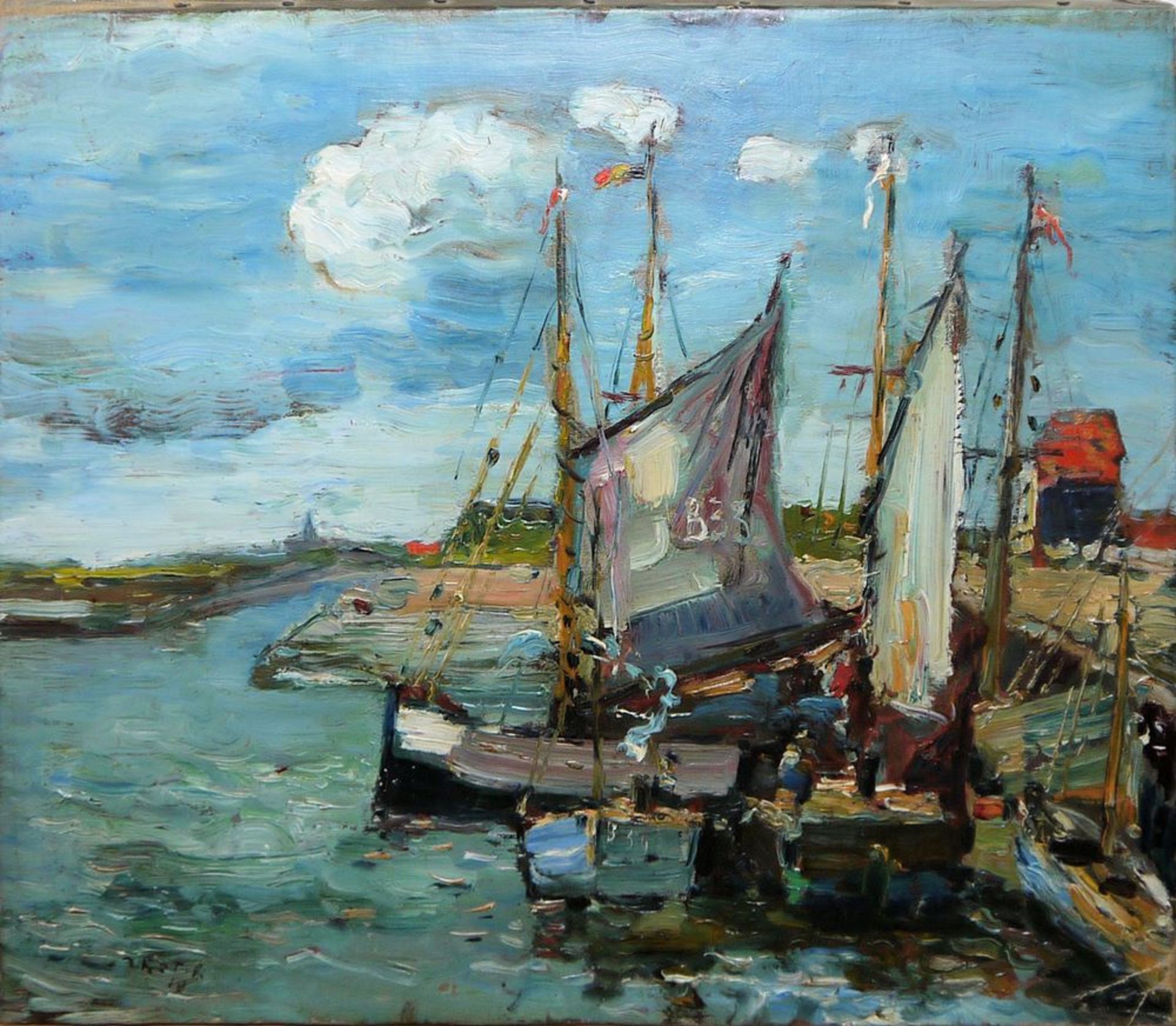 Ludwig Dill & Unleserlich sign. belgischer Impressionist, Fischerboote Chioggia & Fischerboote im H