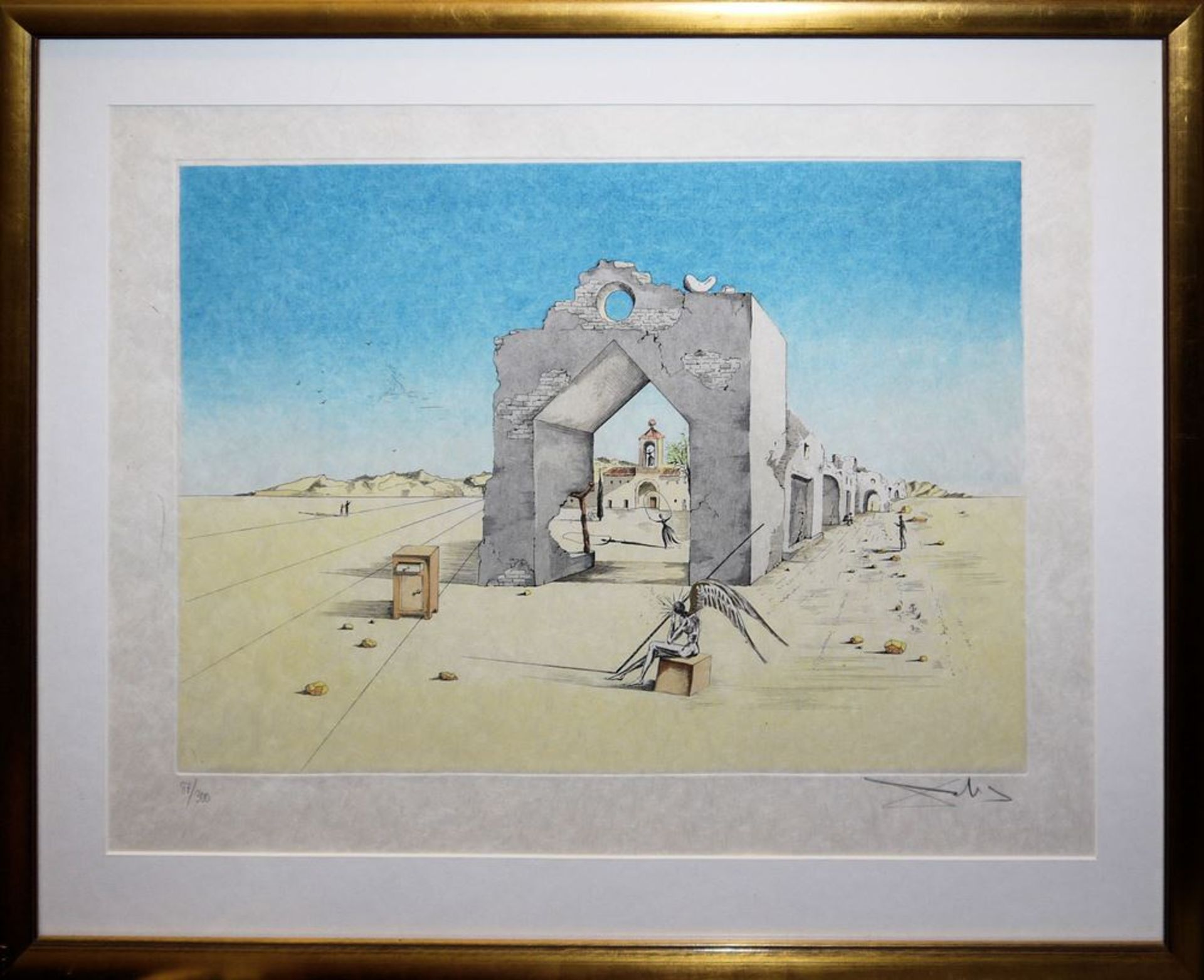 Salvador Dalí, "Ruinen der Vergänglichkeit", signierte Farbradierung von 1983, im Goldrahmen