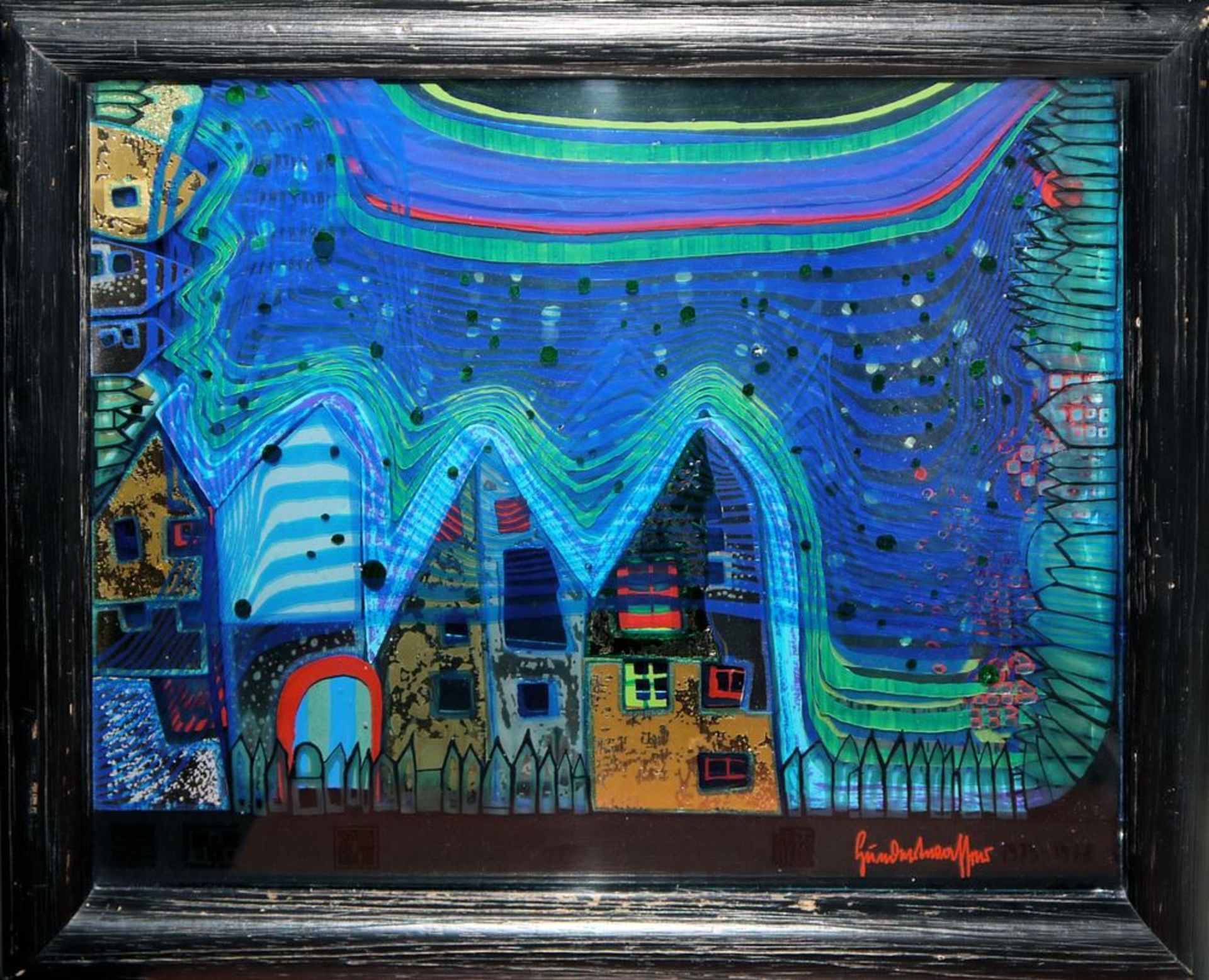 Friedensreich Hundertwasser, "Fall in Cloud-Fall in Fog-Fall Out", Multiple von 1979, gerahmt