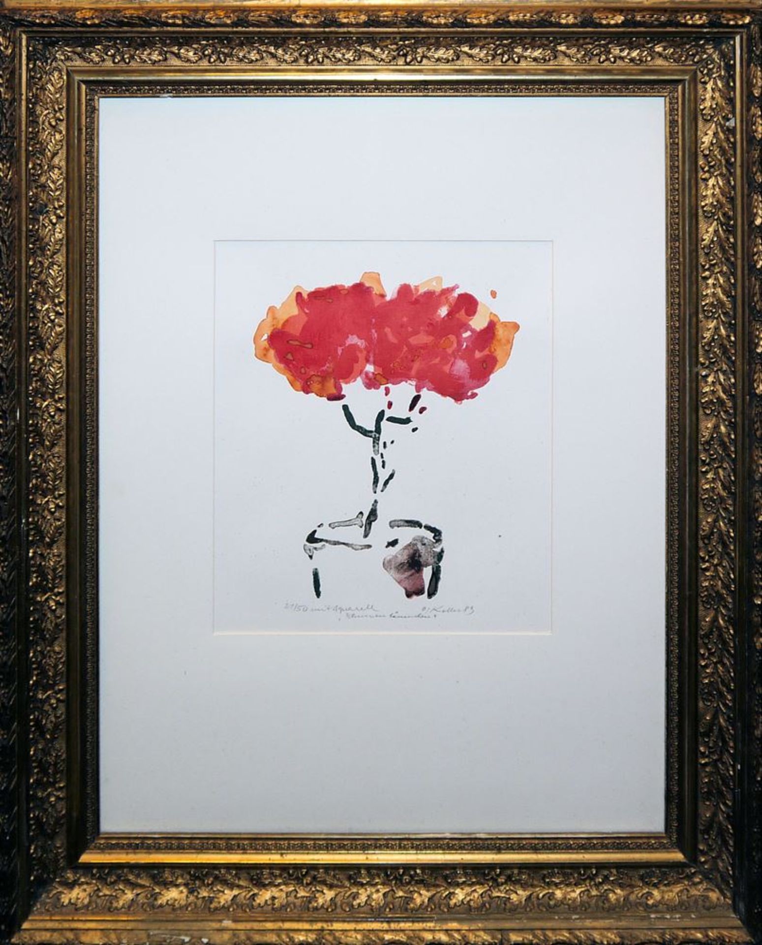 Oskar Koller, "Blumen Bäumchen", signierte Lithographie mit Aquarell von 1989, Unikat im Goldrahmen
