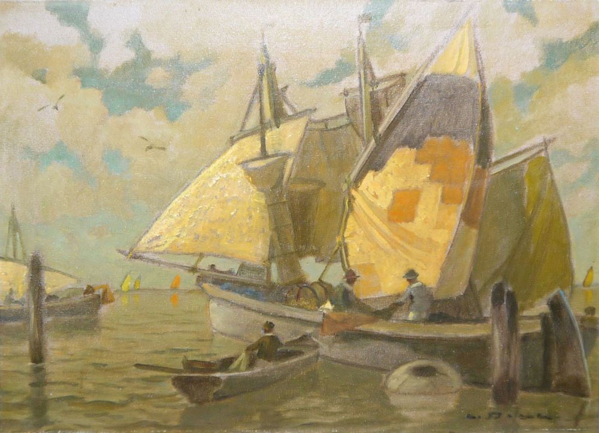 Ludwig Dill & Unleserlich sign. belgischer Impressionist, Fischerboote Chioggia & Fischerboote im H - Bild 6 aus 6