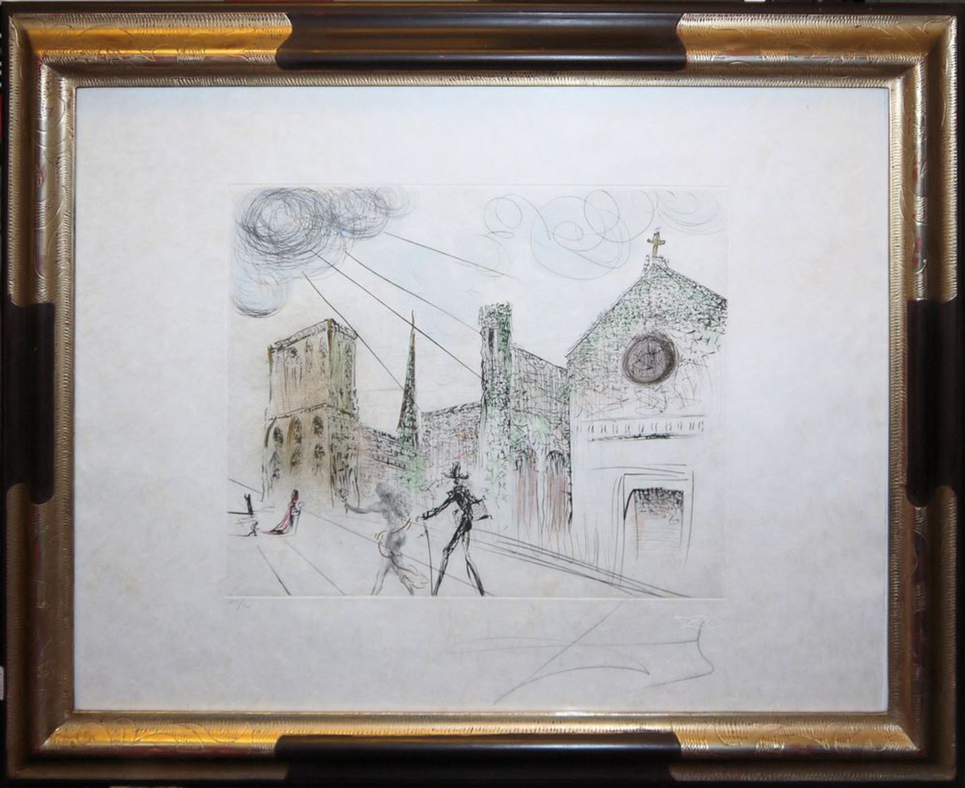 Salvador Dalí, "Notre-Dame de Paris", handkolorierte Kaltnadelradierung mit Aquatinta, signiert, in