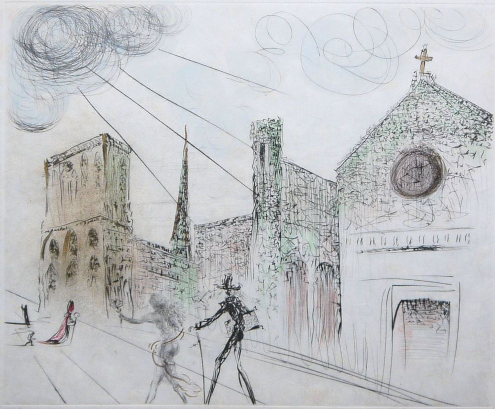 Salvador Dalí, "Notre-Dame de Paris", handkolorierte Kaltnadelradierung mit Aquatinta, signiert, in - Bild 3 aus 3