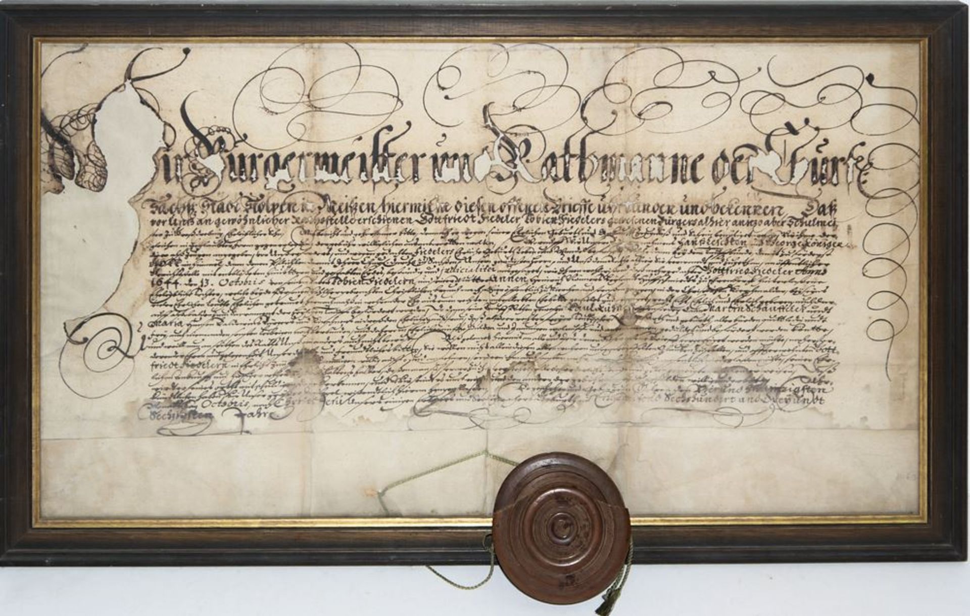 Historisches Schriftstück (Nobilitierung?) aus Stolpen mit Stadtsiegel aus dem Jahre 1662, gerahmt