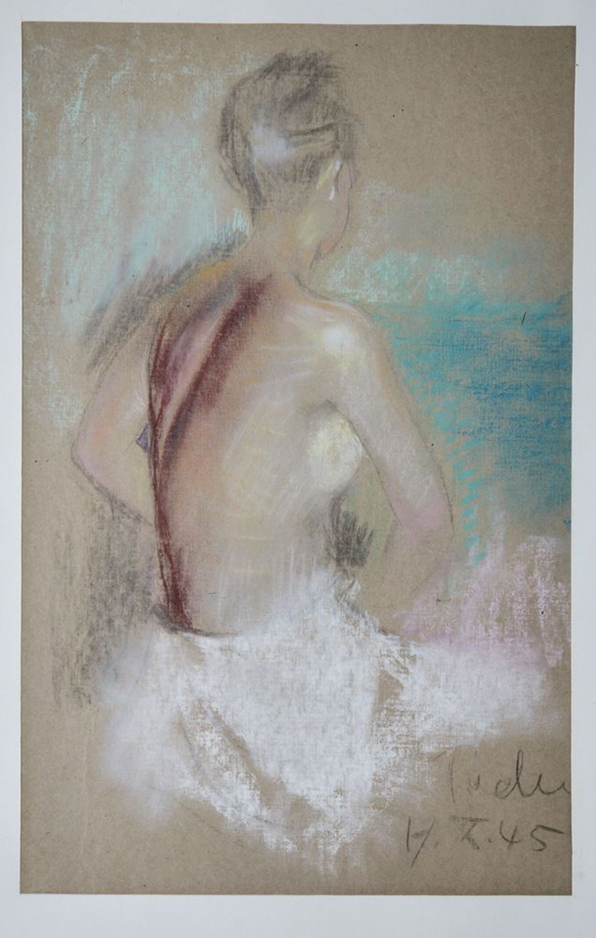 Paul Mathias Padua, Weiblicher Rückenakt, sitzend, farbige Kreidezeichnung, signiert von (19)45, ge