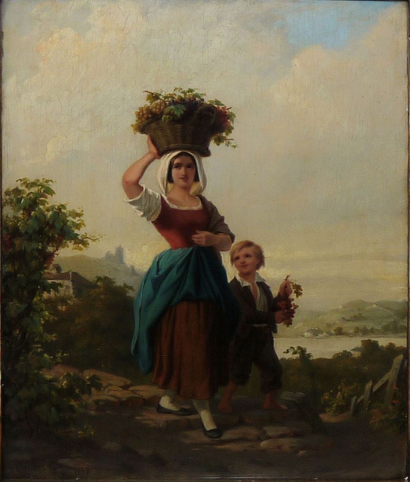 Carl Happel, Weinlese am Rhein, Ölgemälde, von 1857, Originalrahmen - Bild 4 aus 4