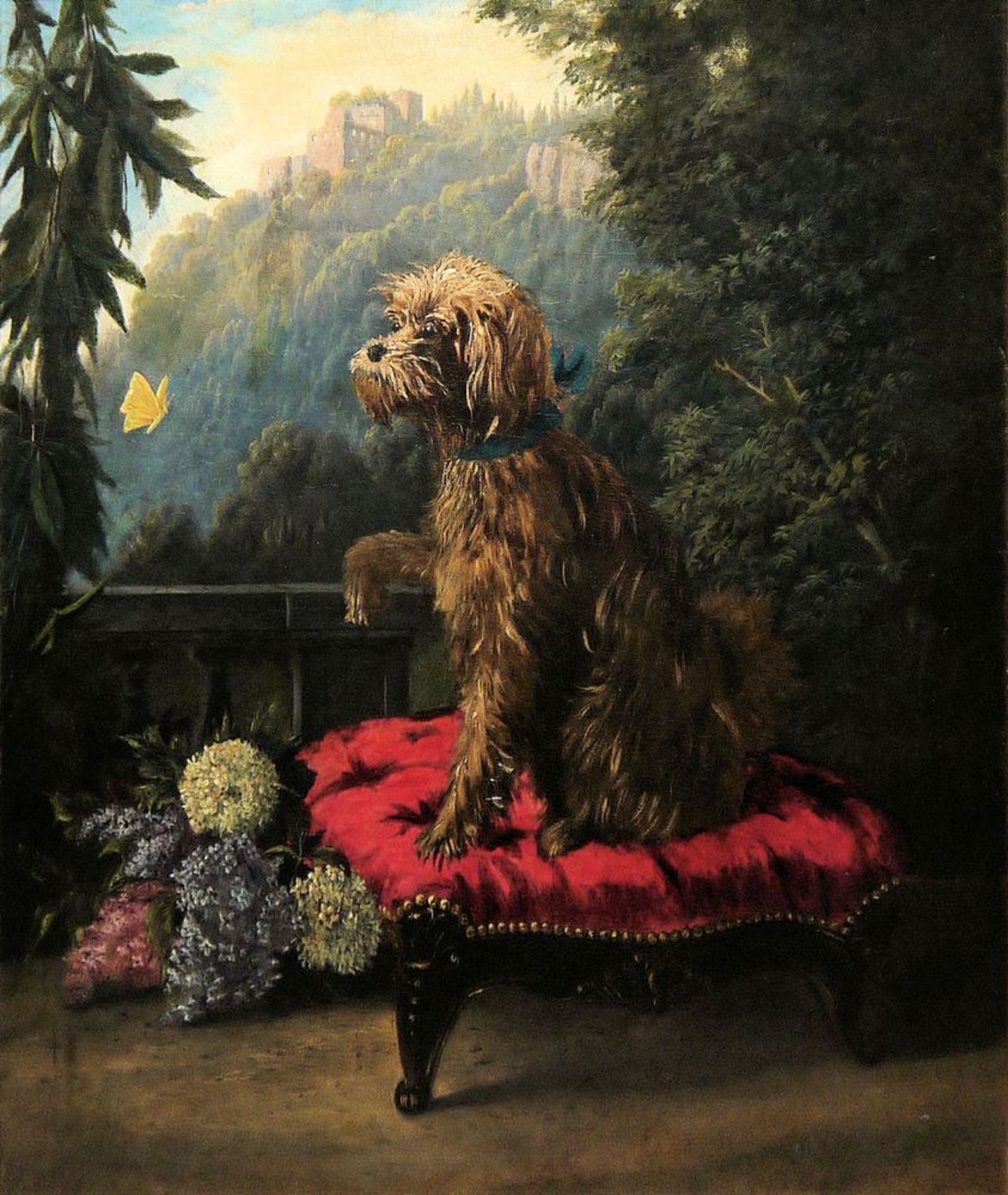 Hundemaler, 2. H. 19. Jh.: Höfischer Schoßhund vor Landschaft mit Altem Schloss und den Battertfels - Bild 3 aus 3