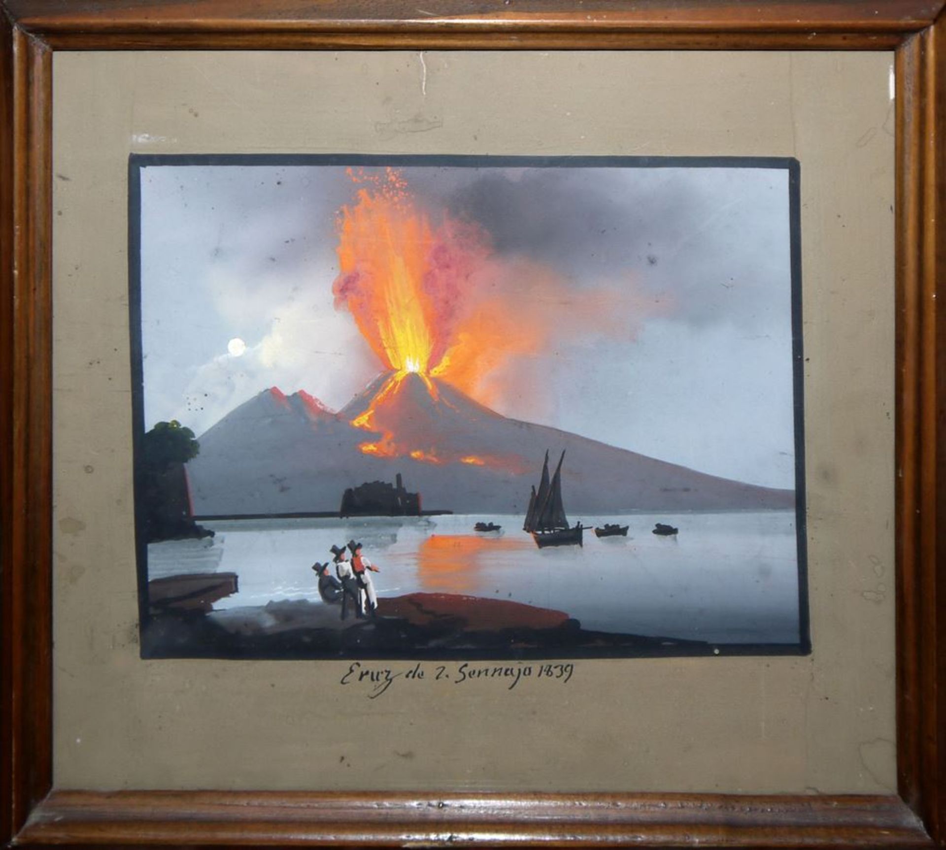 Biedermeiermaler, Eruption des Vesuvs 1839, Gouache, gerahmt