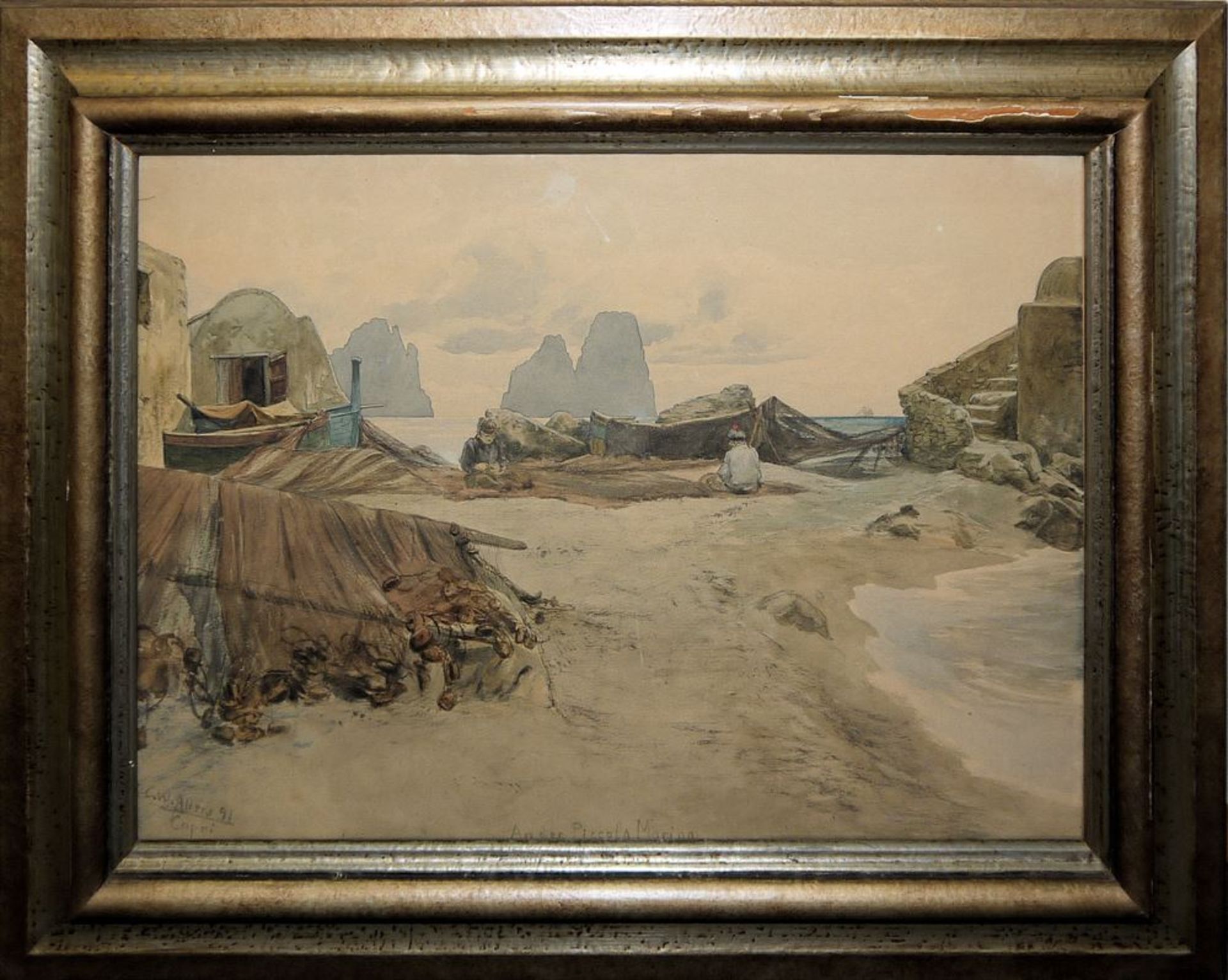 Christian W. Allers, "An der Piccola Marina", Aquarell von (18)91, im Originalrahmen