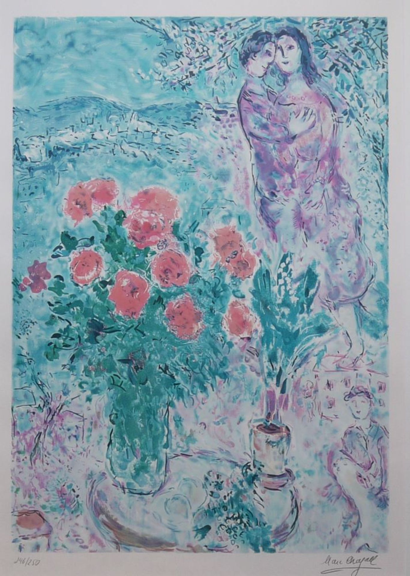 Marc Chagall, Roter Blumenstrauß mit Liebespaar, Farblithographie, limitierte Auflage, gerahmt - Image 2 of 2