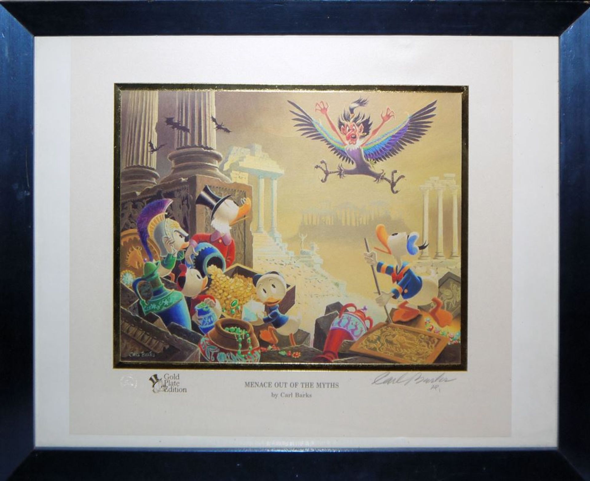 Carl Barks, "Menace out of the myths" und "Auf Safari", Farblithographien, gerahmt