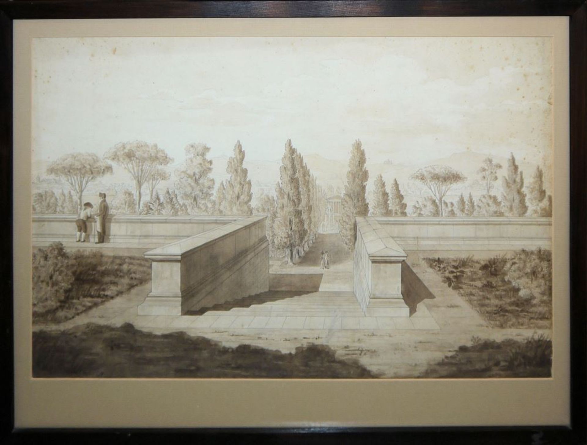 J. J. Berger, Gartenanlage, Aquarell von 1827, gerahmt, aus dem Besitz von Arthur Valdenaire