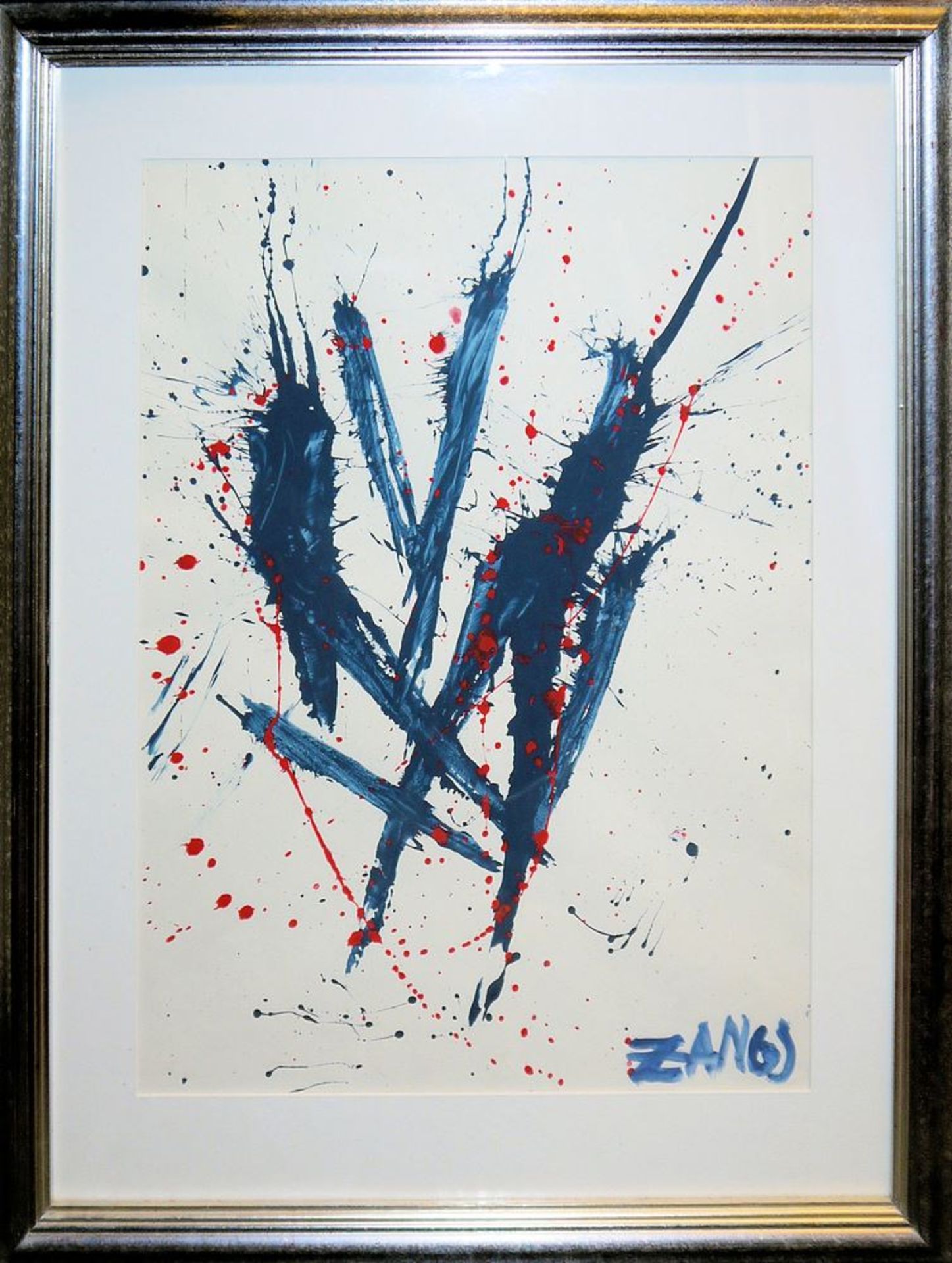 Herbert Zangs, zugeschrieben, Expressive abstrakte Komposition in blau und rot, Acrylgemälde, gerah