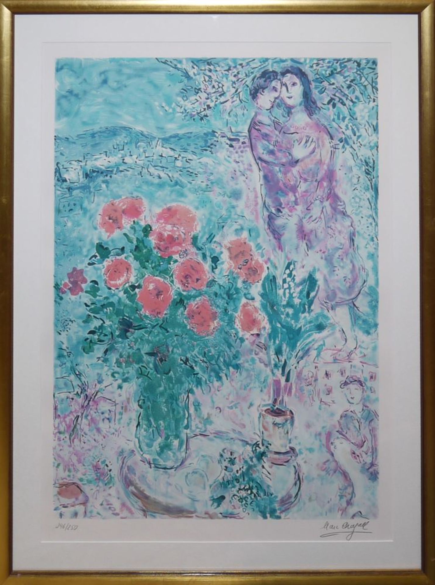 Marc Chagall, Roter Blumenstrauß mit Liebespaar, Farblithographie, limitierte Auflage, gerahmt