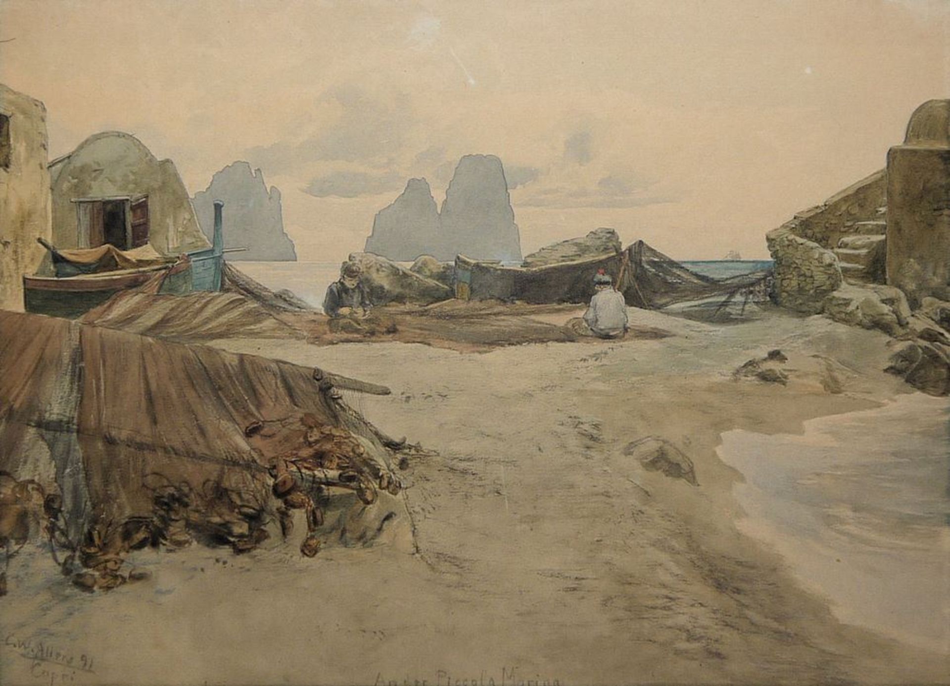 Christian W. Allers, "An der Piccola Marina", Aquarell von (18)91, im Originalrahmen - Bild 3 aus 3