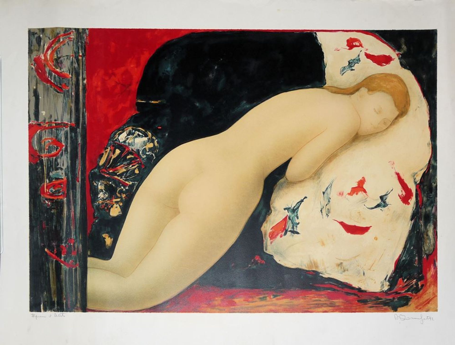 Alain Bonnefoit, Sleeping Nude, large colour lithograph, signed