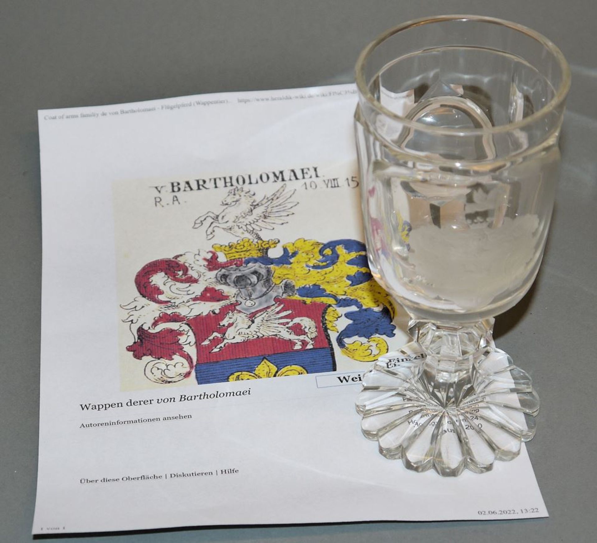 <Glass goblet with coat of arms of the von Bartholomaei, early 20th century</b>