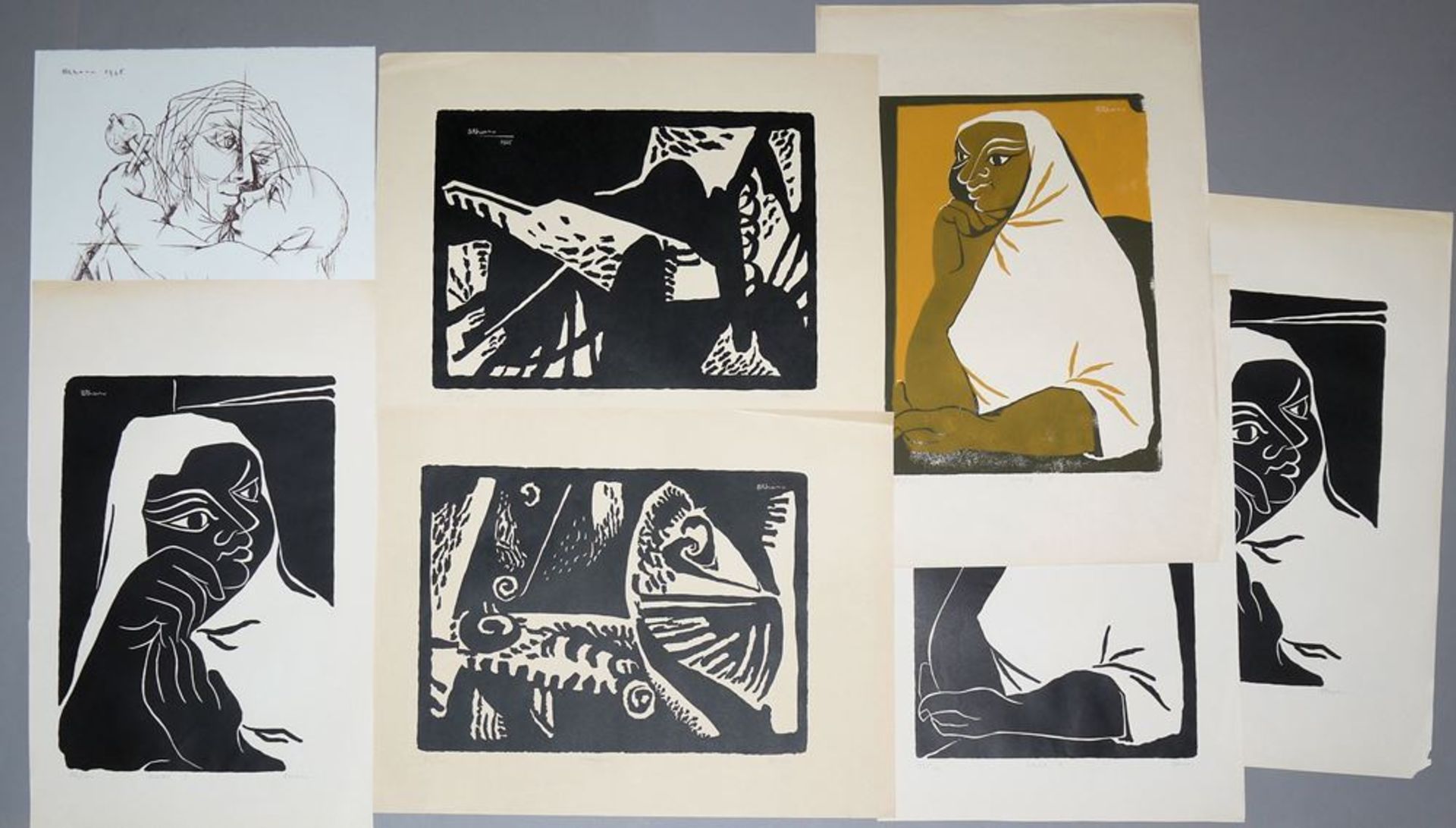 Tassow Brhanu, 7 large woodcuts from the 1960s, sign. - Image 3 of 3