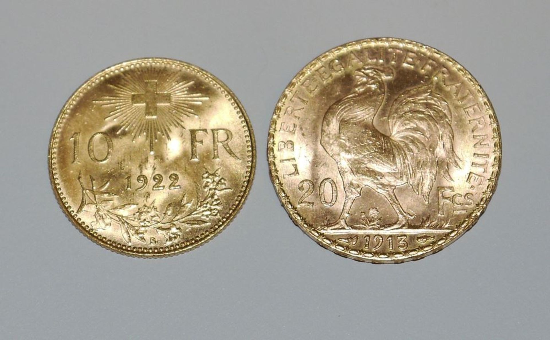 Two gold münzen 20 Franc France 1913 & Gold Vreneli 10 Franc Switzerland 1922 - Image 2 of 2