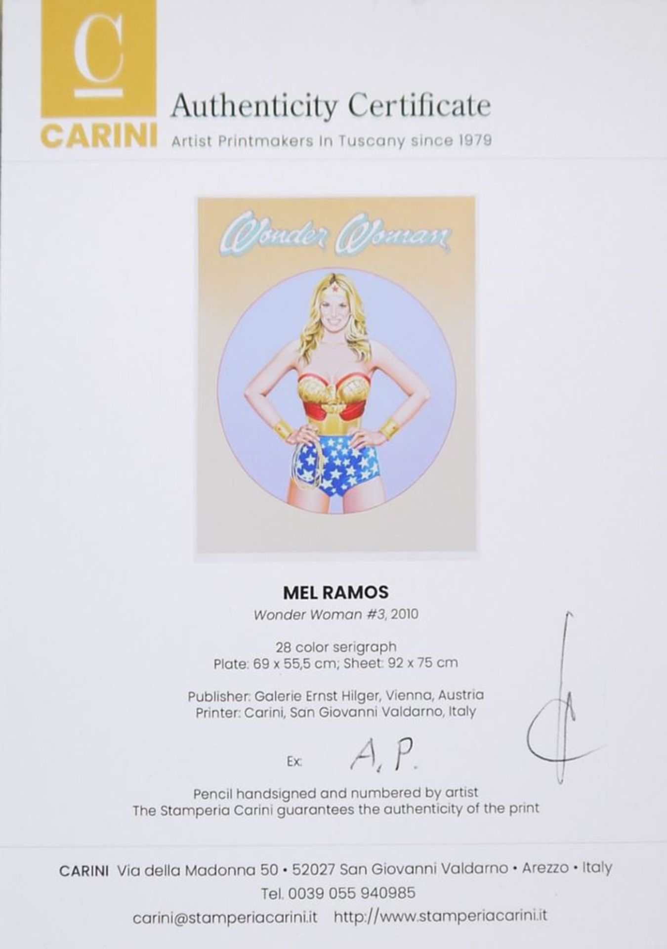 Mel Ramos, "Wonder Woman # 3", colour serigraph from 2010, signed, with Carini certificate - Image 3 of 3