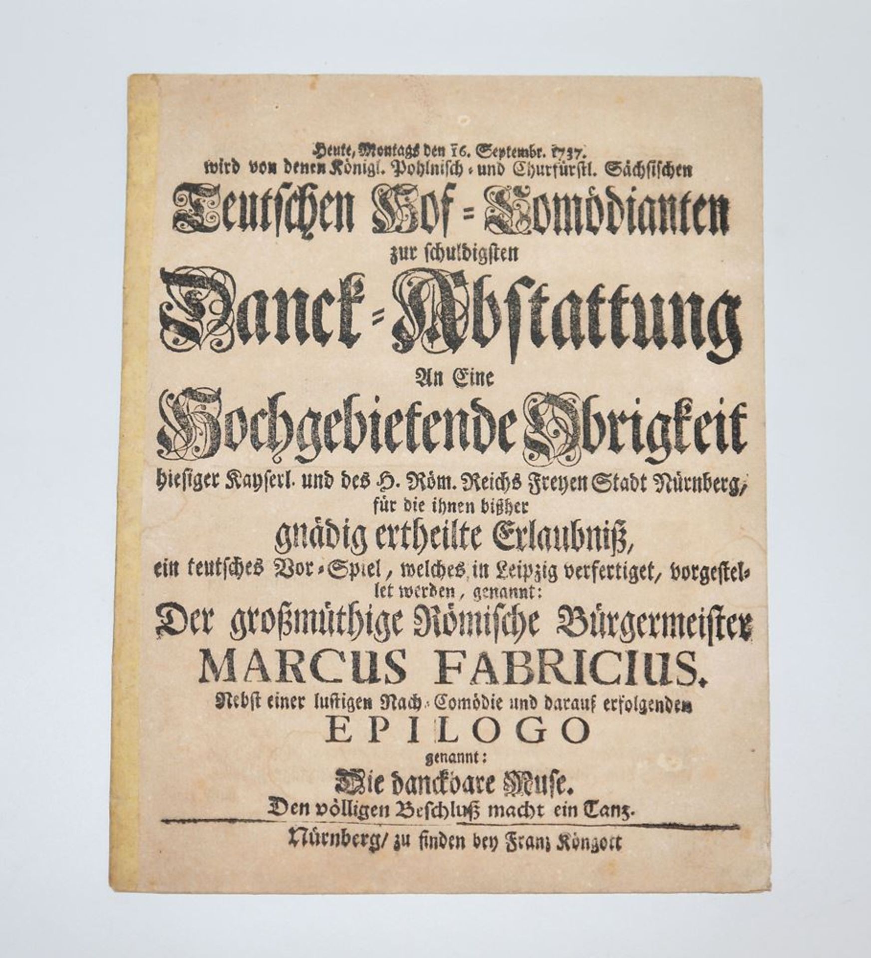 Theater-Programm ("Der großmüthige Römische Bürgermeister Marcus Fabricius"), Nürnberg 16. Septembe