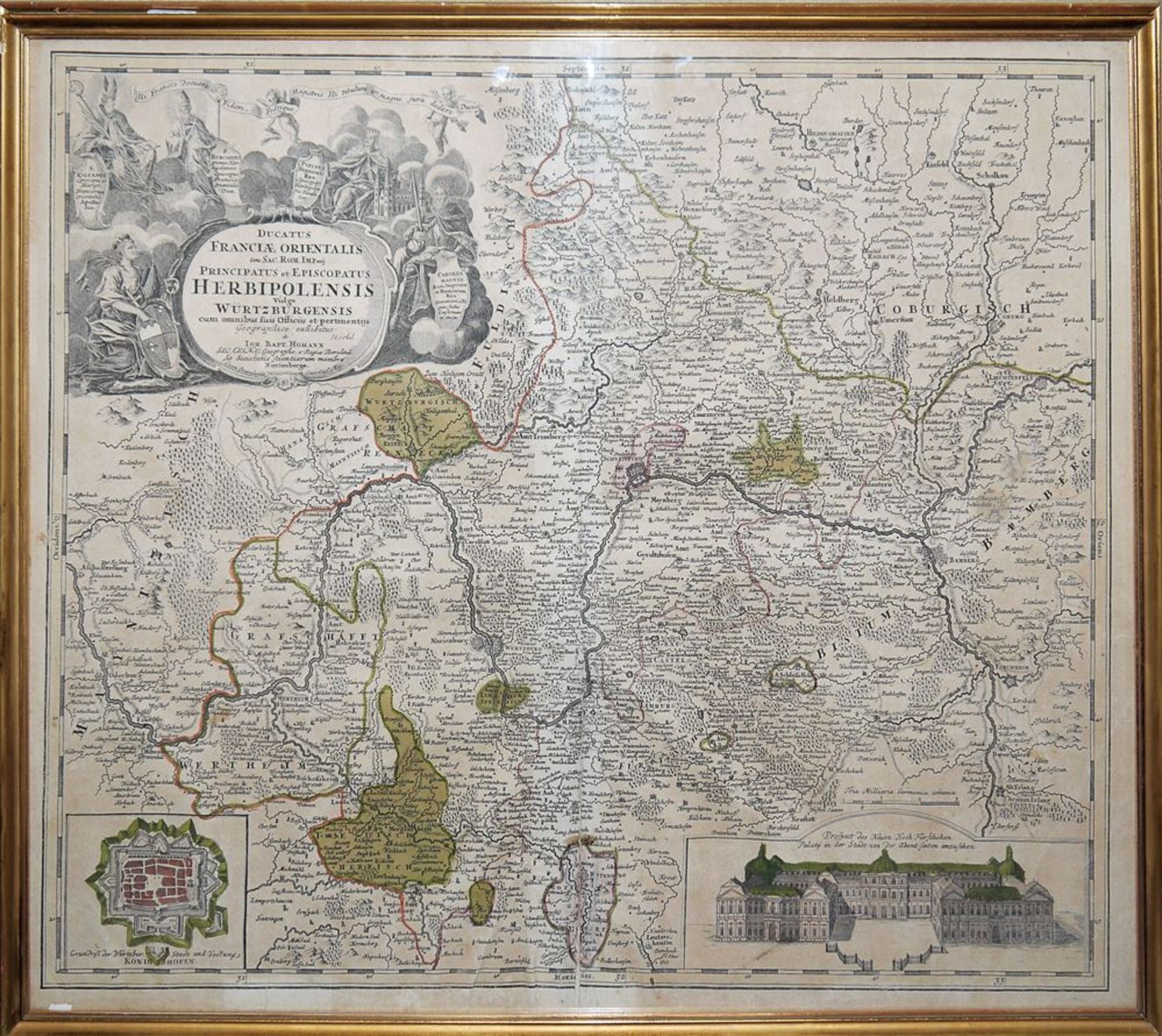 3 antiquarische Karten & eine Vedute: Würzburg von Homann 1729, Straßburg von Hondius 1680, Schlach - Bild 2 aus 3