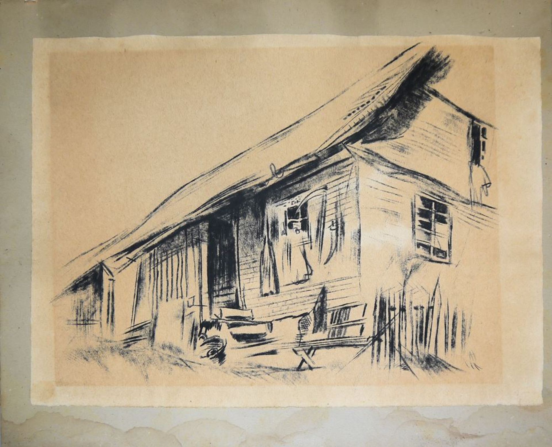 Arnold Heiderich, Two Porträts, etching and lithograph as well as Farmhouse, charcoal drawing, 1926