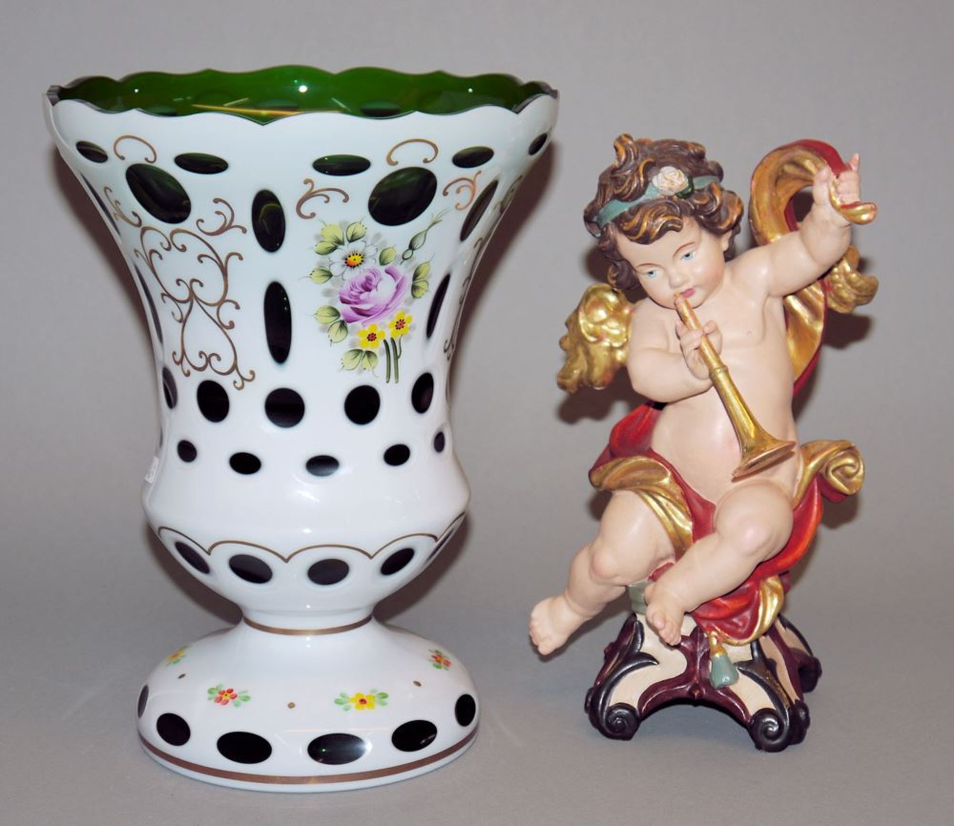 Glass goblet vase, Böhmen & wood sculpture angel with trumpet