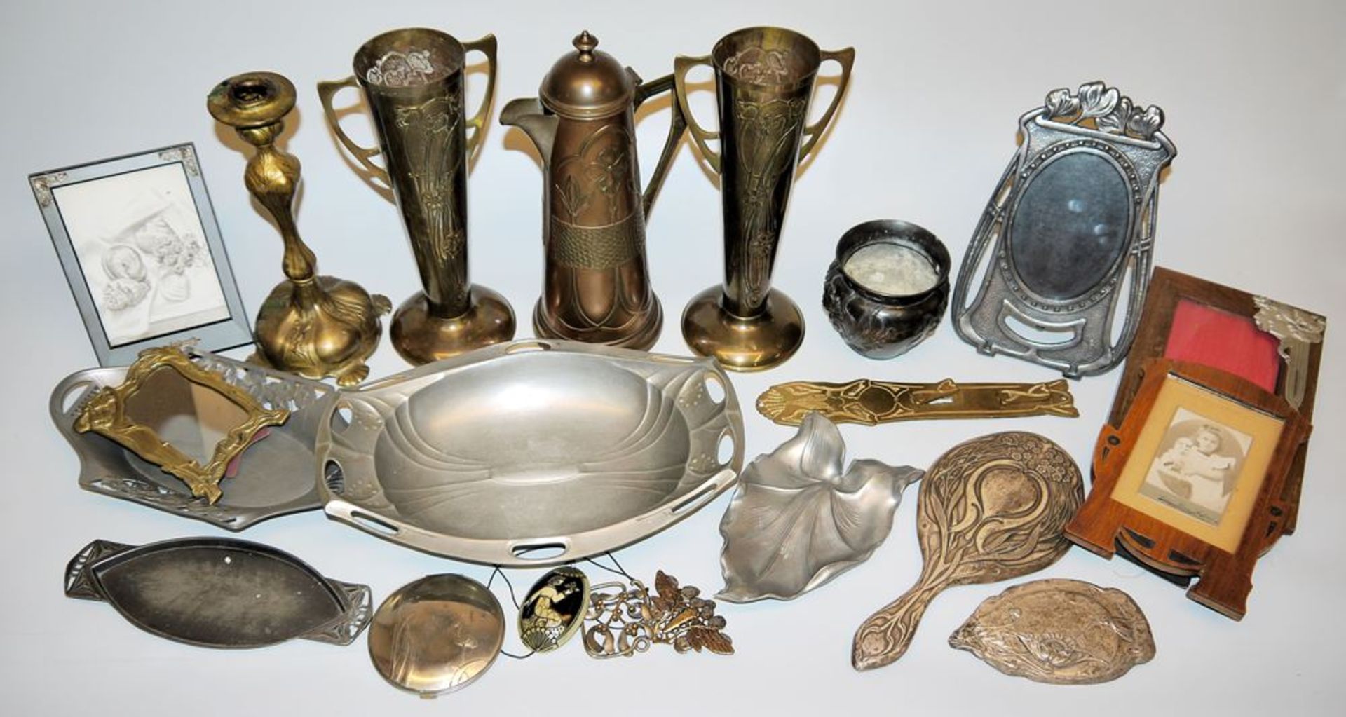 Large collection of metal objects of Art Nouveau